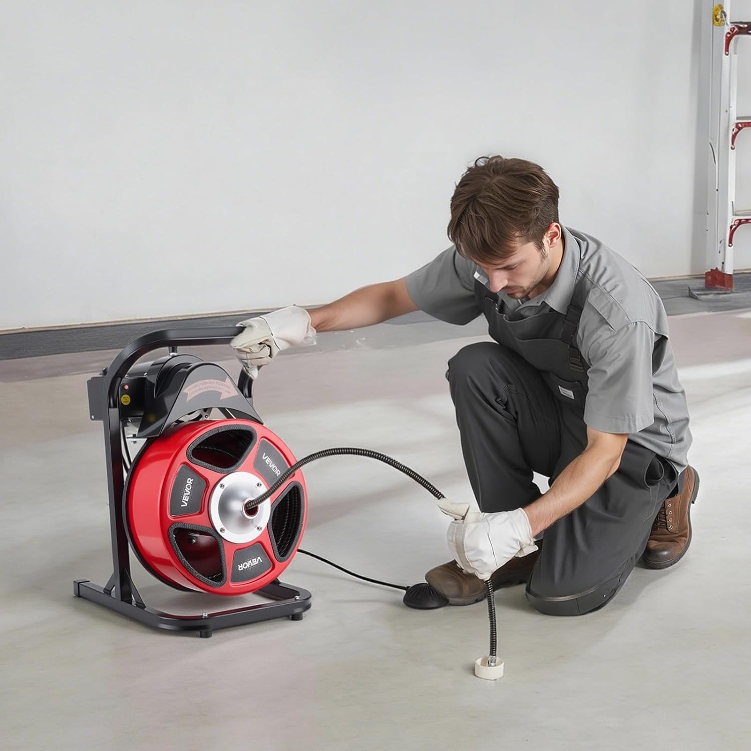 image:imageVEVOR Drain Cleaner Machine 50 FT x 12 Inch Manual Feed Sewer Snake Auger with 4 Cutters amp AirActivated Foot Switch for 2 to 6 Pipes50 FT x 12 Upgraded Version