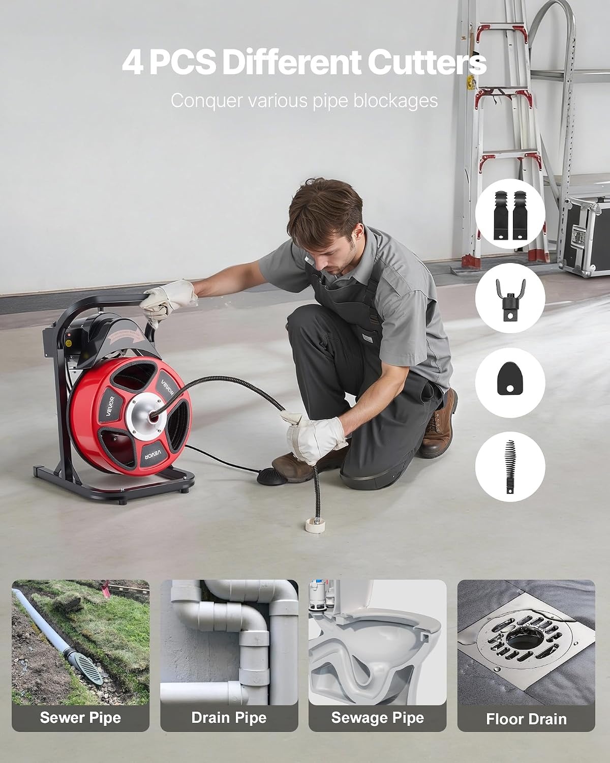 image:imageVEVOR Drain Cleaner Machine 50 FT x 12 Inch Manual Feed Sewer Snake Auger with 4 Cutters amp AirActivated Foot Switch for 2 to 6 Pipes50 FT x 12 Upgraded Version