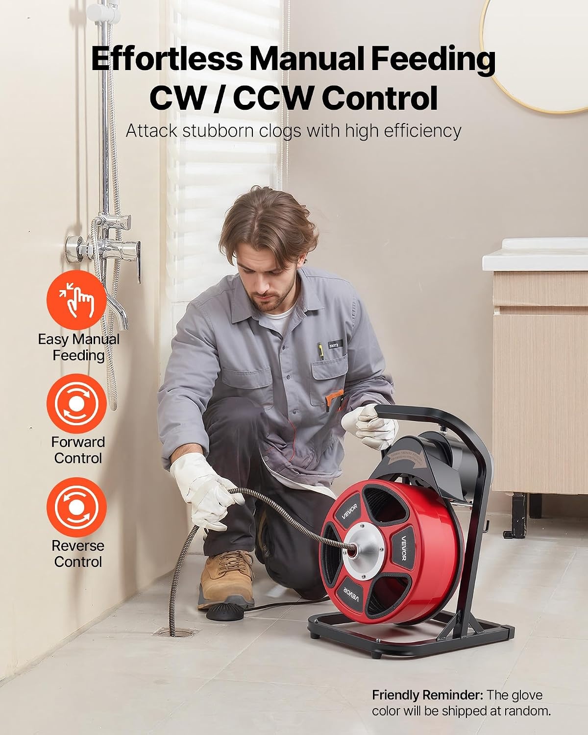 image:imageVEVOR Drain Cleaner Machine 50 FT x 12 Inch Manual Feed Sewer Snake Auger with 4 Cutters amp AirActivated Foot Switch for 2 to 6 Pipes50 FT x 12 Upgraded Version