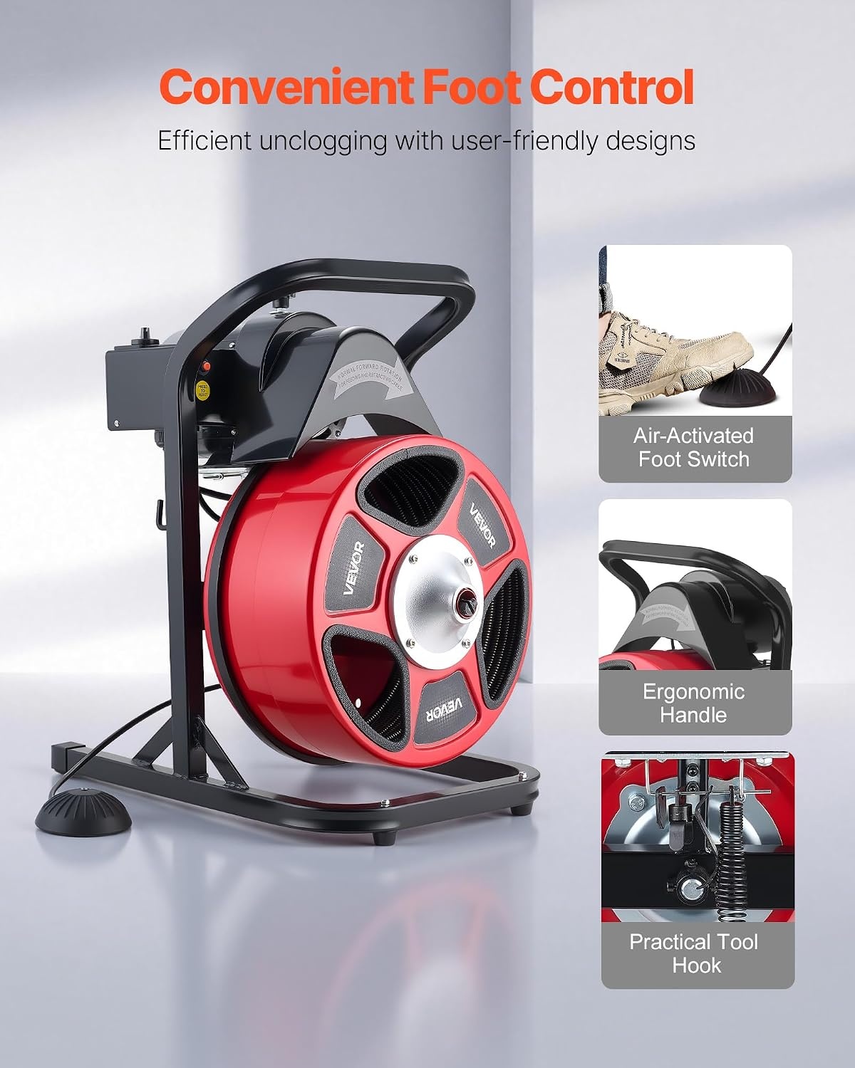 image:imageVEVOR Drain Cleaner Machine 50 FT x 12 Inch Manual Feed Sewer Snake Auger with 4 Cutters amp AirActivated Foot Switch for 2 to 6 Pipes50 FT x 12 Upgraded Version