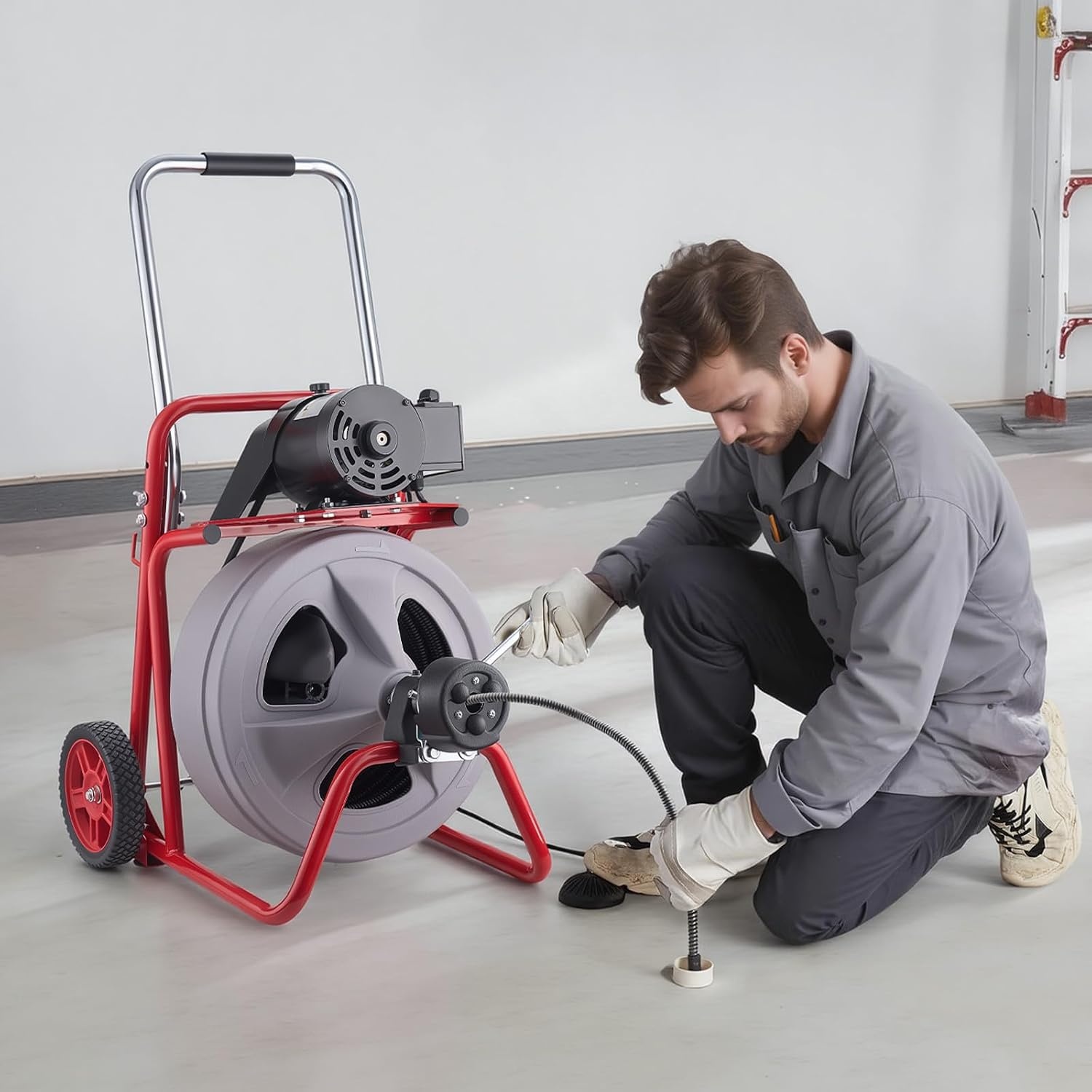 image:imageVEVOR Drain Cleaner Machine 75 FT x 38 Inch Auto Feed Sewer Snake Drain Auger on Wheels Portable Drain Cleaning Machine with 8 Cutters amp AirActivated Foot Switch for 2 to 4 Pipes100 FT x 12