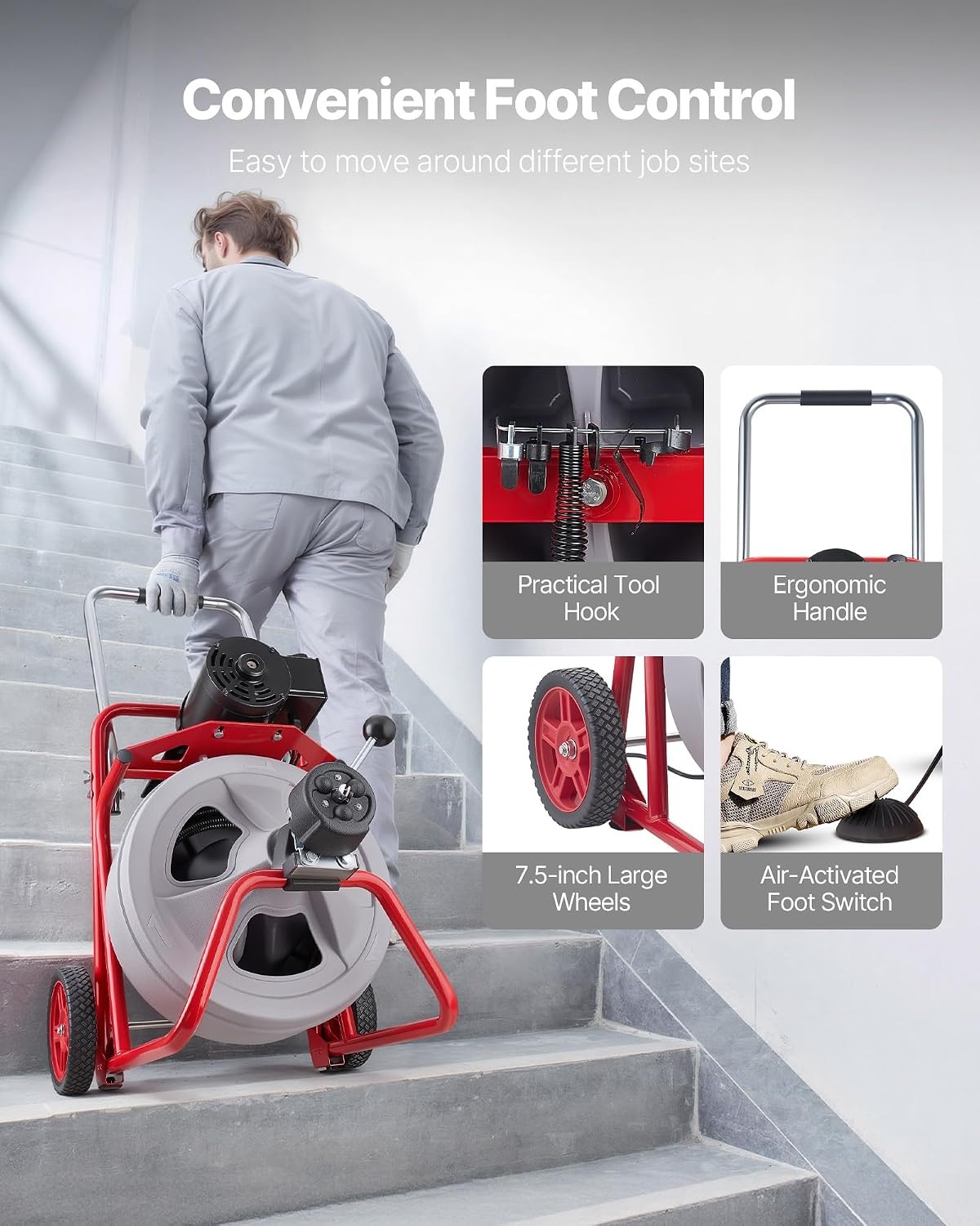 image:imageVEVOR Drain Cleaner Machine 75 FT x 38 Inch Auto Feed Sewer Snake Drain Auger on Wheels Portable Drain Cleaning Machine with 8 Cutters amp AirActivated Foot Switch for 2 to 4 Pipes100 FT x 12