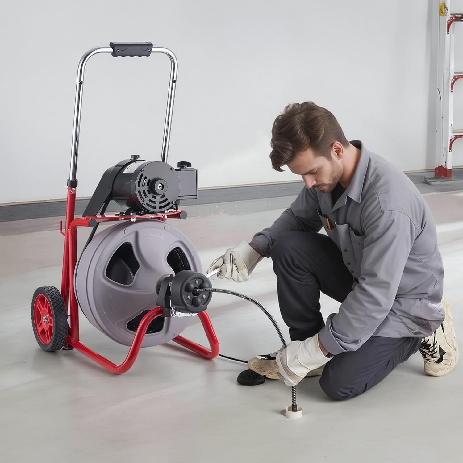 image:imageVEVOR Drain Cleaner Machine 75 FT x 38 Inch Auto Feed Sewer Snake Drain Auger on Wheels Portable Drain Cleaning Machine with 8 Cutters amp AirActivated Foot Switch for 2 to 4 Pipes75 FT x 38