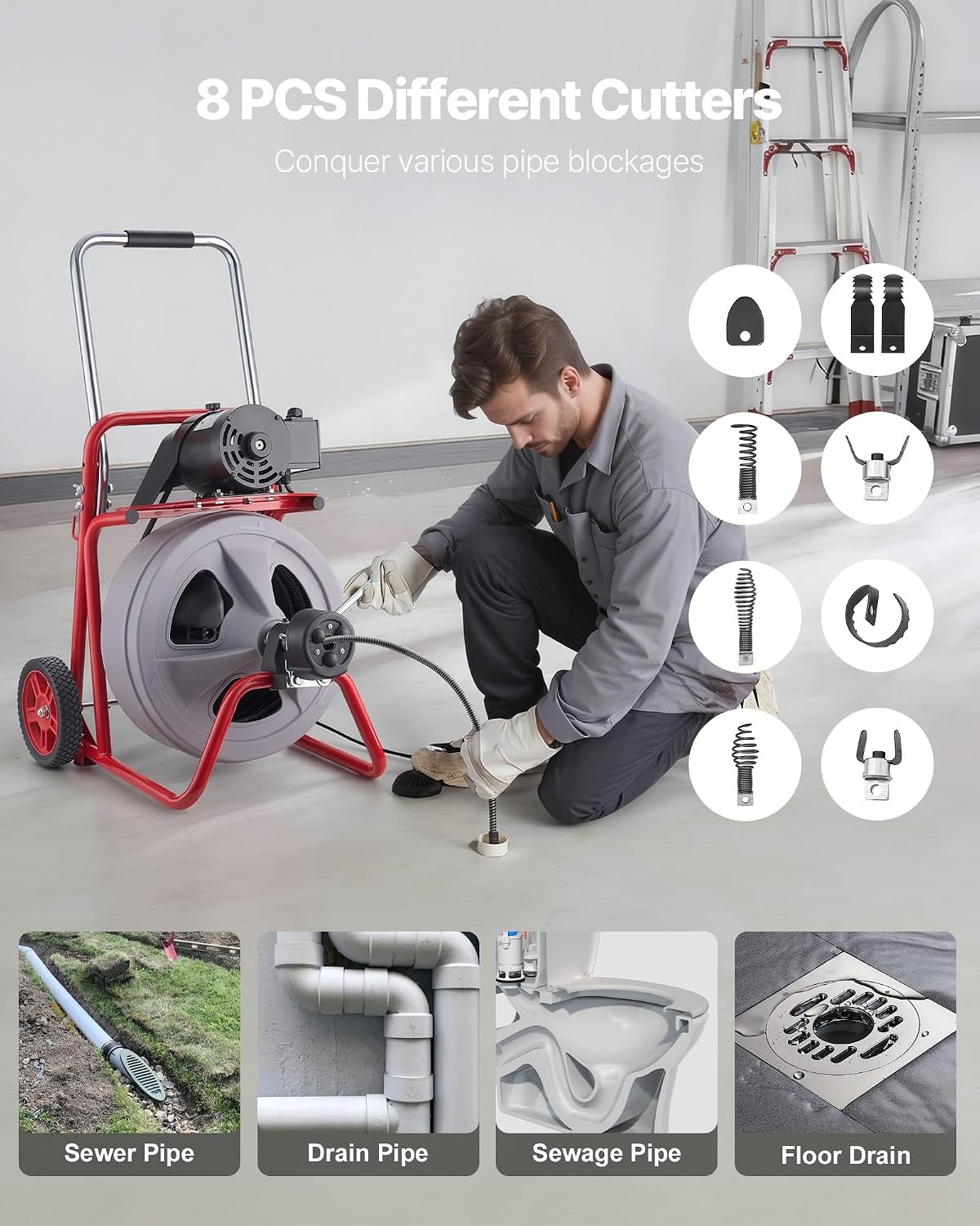 image:imageVEVOR Drain Cleaner Machine 75 FT x 38 Inch Auto Feed Sewer Snake Drain Auger on Wheels Portable Drain Cleaning Machine with 8 Cutters amp AirActivated Foot Switch for 2 to 4 Pipes100 FT x 12
