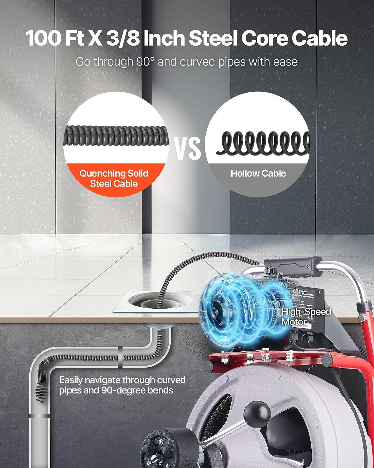image:imageVEVOR Drain Cleaner Machine 75 FT x 38 Inch Auto Feed Sewer Snake Drain Auger on Wheels Portable Drain Cleaning Machine with 8 Cutters amp AirActivated Foot Switch for 2 to 4 Pipes100 FT x 38