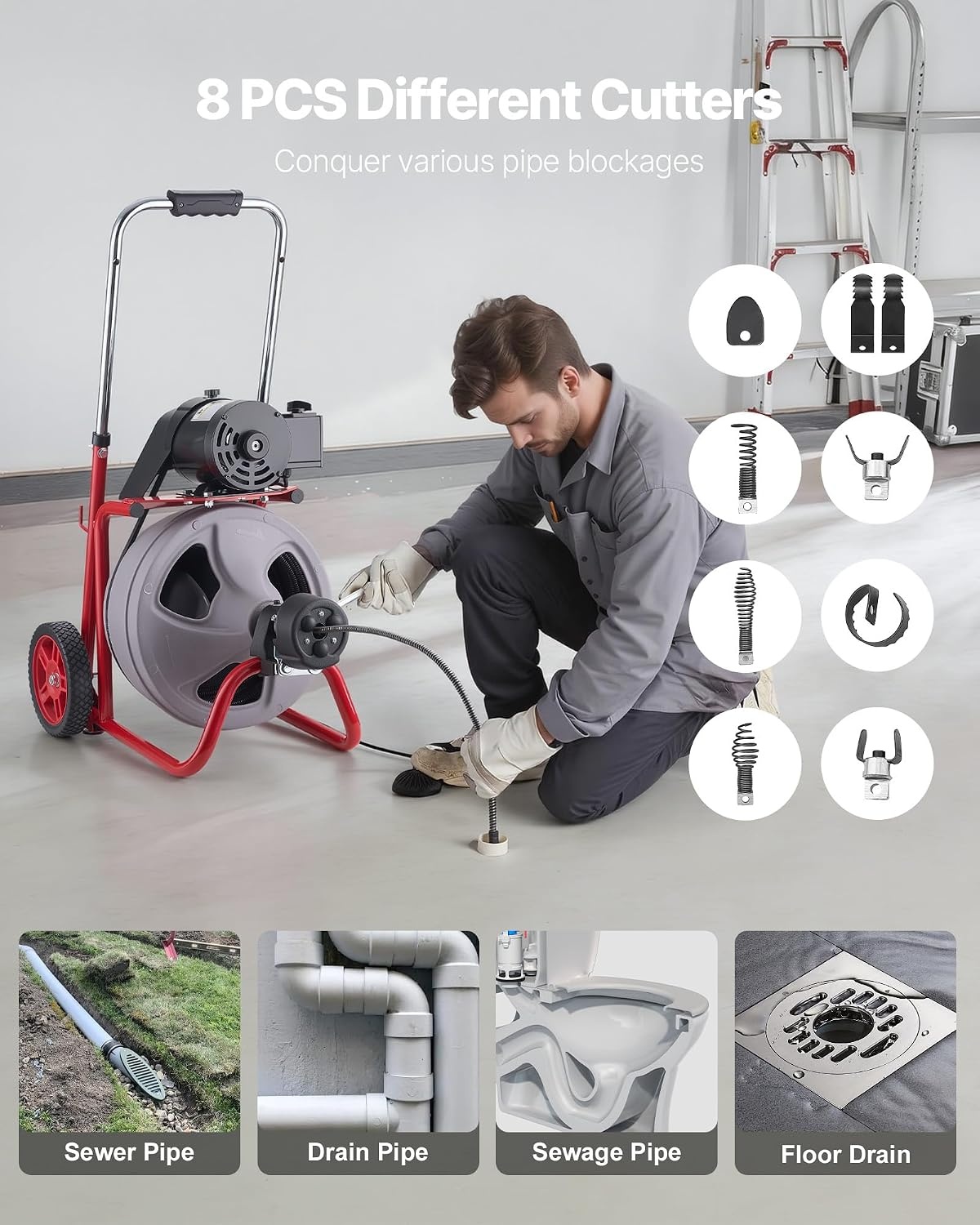 image:imageVEVOR Drain Cleaner Machine 75 FT x 38 Inch Auto Feed Sewer Snake Drain Auger on Wheels Portable Drain Cleaning Machine with 8 Cutters amp AirActivated Foot Switch for 2 to 4 Pipes75 FT x 38
