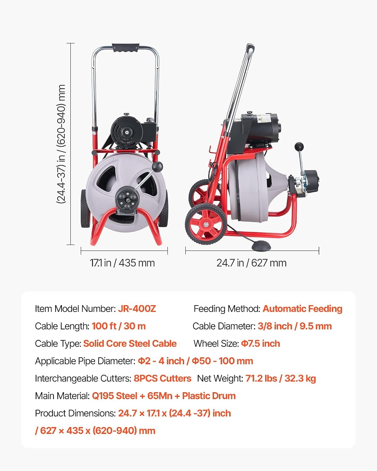 image:imageVEVOR Drain Cleaner Machine 75 FT x 38 Inch Auto Feed Sewer Snake Drain Auger on Wheels Portable Drain Cleaning Machine with 8 Cutters amp AirActivated Foot Switch for 2 to 4 Pipes100 FT x 38