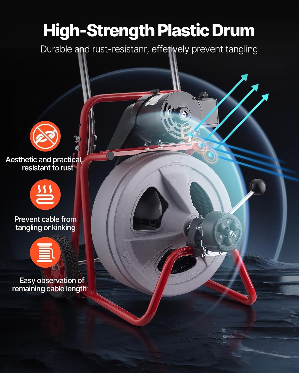 image:imageVEVOR Drain Cleaner Machine 75 FT x 38 Inch Auto Feed Sewer Snake Drain Auger on Wheels Portable Drain Cleaning Machine with 8 Cutters amp AirActivated Foot Switch for 2 to 4 Pipes100 FT x 12