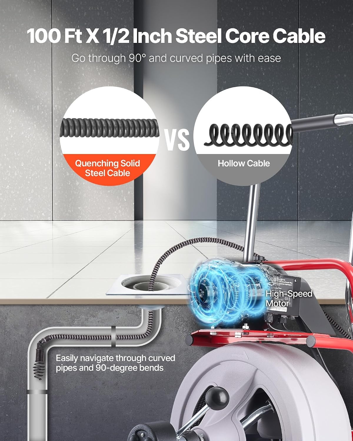 image:imageVEVOR Drain Cleaner Machine 75 FT x 38 Inch Auto Feed Sewer Snake Drain Auger on Wheels Portable Drain Cleaning Machine with 8 Cutters amp AirActivated Foot Switch for 2 to 4 Pipes100 FT x 12