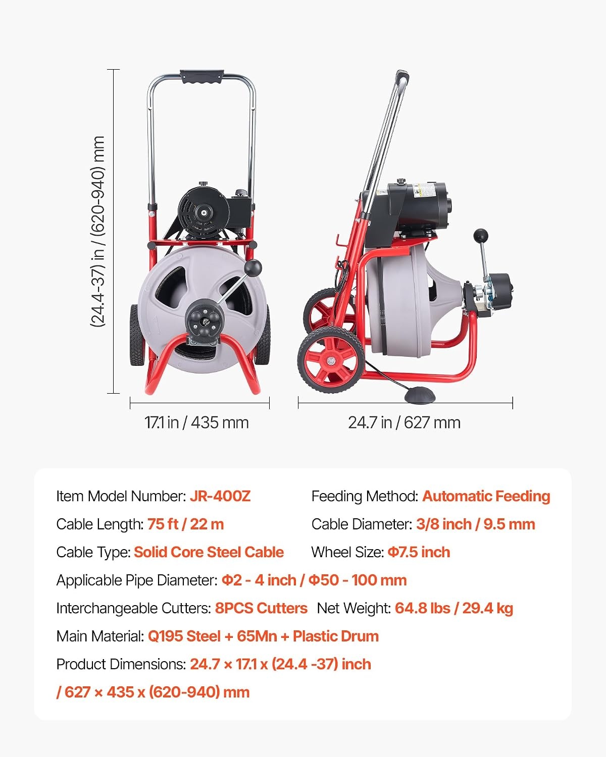 image:imageVEVOR Drain Cleaner Machine 75 FT x 38 Inch Auto Feed Sewer Snake Drain Auger on Wheels Portable Drain Cleaning Machine with 8 Cutters amp AirActivated Foot Switch for 2 to 4 Pipes75 FT x 38