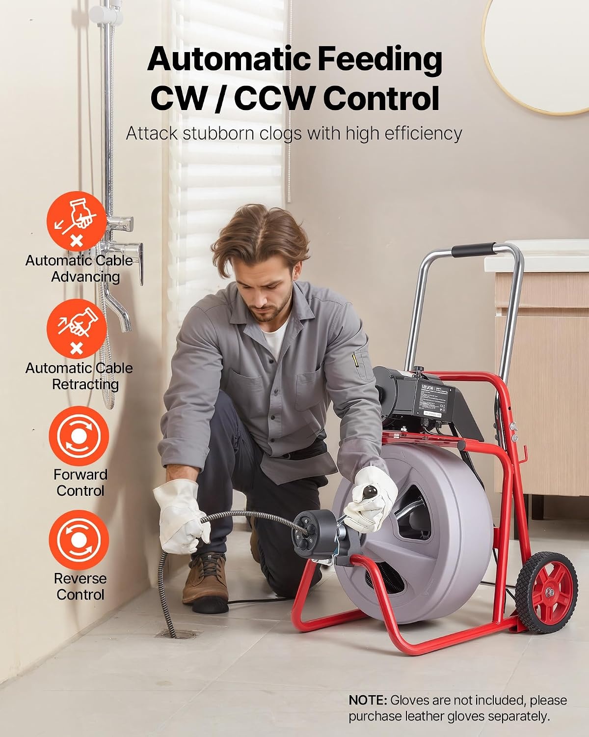 image:imageVEVOR Drain Cleaner Machine 75 FT x 38 Inch Auto Feed Sewer Snake Drain Auger on Wheels Portable Drain Cleaning Machine with 8 Cutters amp AirActivated Foot Switch for 2 to 4 Pipes100 FT x 12