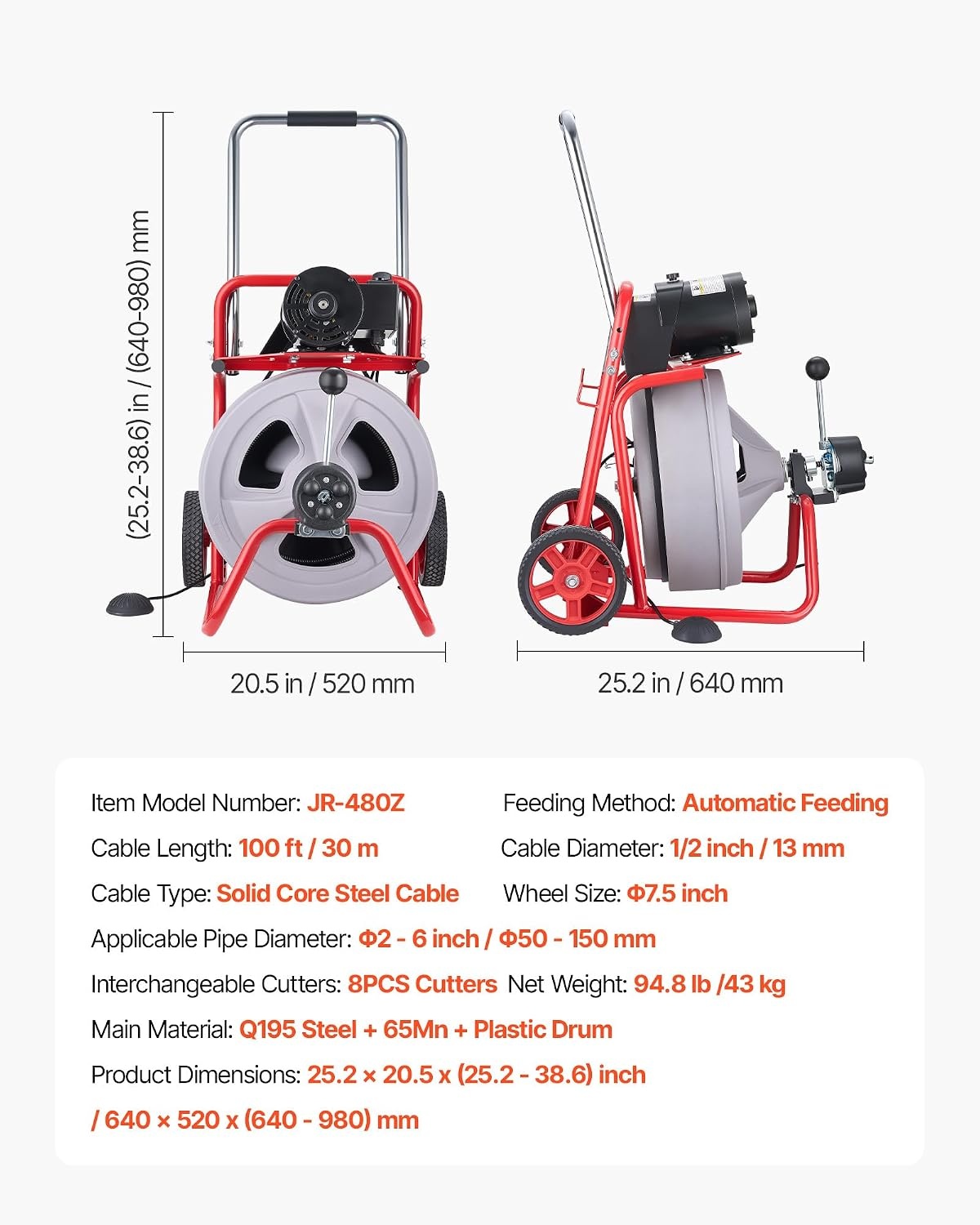 image:imageVEVOR Drain Cleaner Machine 75 FT x 38 Inch Auto Feed Sewer Snake Drain Auger on Wheels Portable Drain Cleaning Machine with 8 Cutters amp AirActivated Foot Switch for 2 to 4 Pipes100 FT x 12