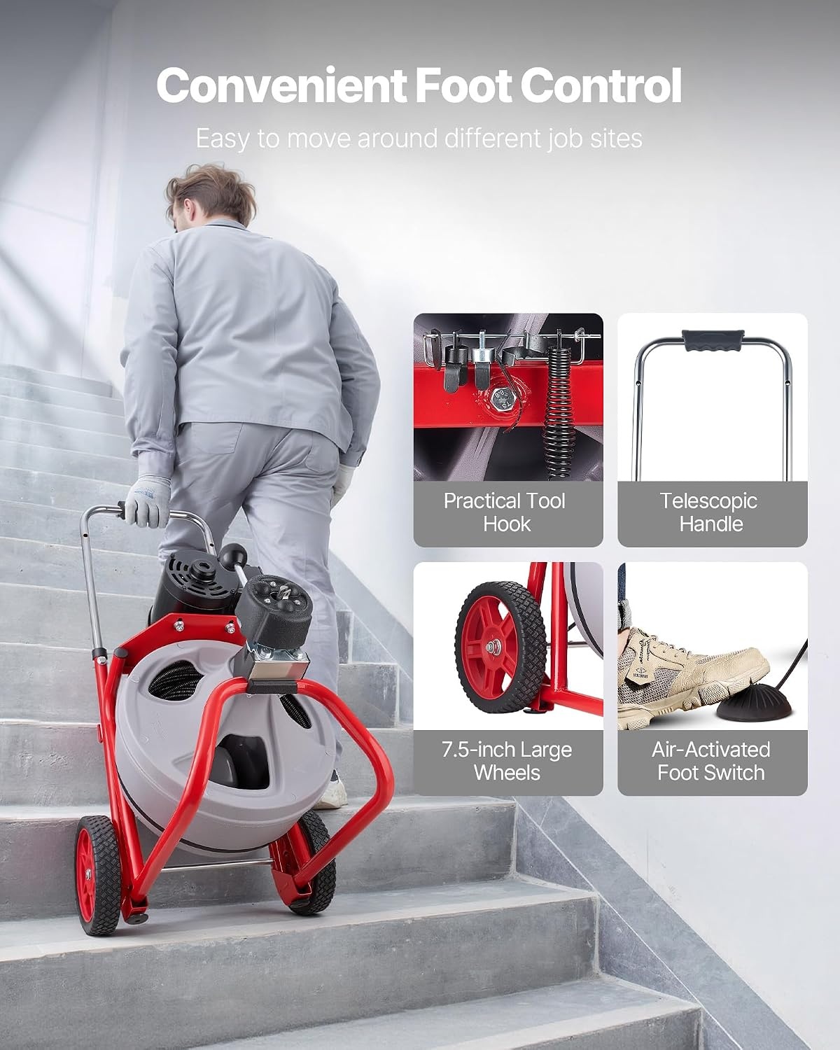 image:imageVEVOR Drain Cleaner Machine 75 FT x 38 Inch Auto Feed Sewer Snake Drain Auger on Wheels Portable Drain Cleaning Machine with 8 Cutters amp AirActivated Foot Switch for 2 to 4 Pipes75 FT x 38