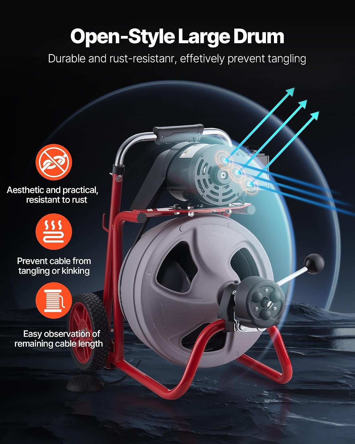image:imageVEVOR Drain Cleaner Machine 75 FT x 38 Inch Auto Feed Sewer Snake Drain Auger on Wheels Portable Drain Cleaning Machine with 8 Cutters amp AirActivated Foot Switch for 2 to 4 Pipes100 FT x 38