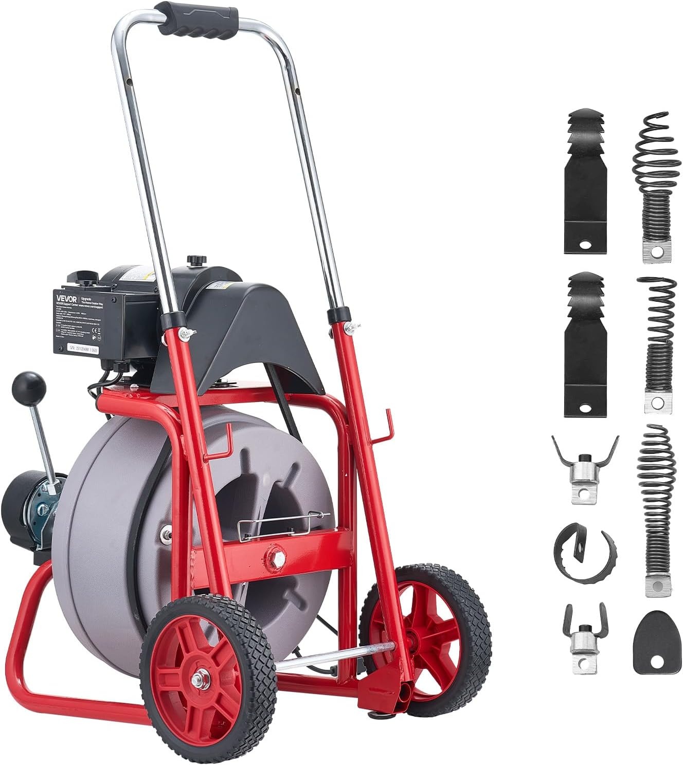 image:imageVEVOR Drain Cleaner Machine 75 FT x 38 Inch Auto Feed Sewer Snake Drain Auger on Wheels Portable Drain Cleaning Machine with 8 Cutters amp AirActivated Foot Switch for 2 to 4 Pipes100 FT x 38