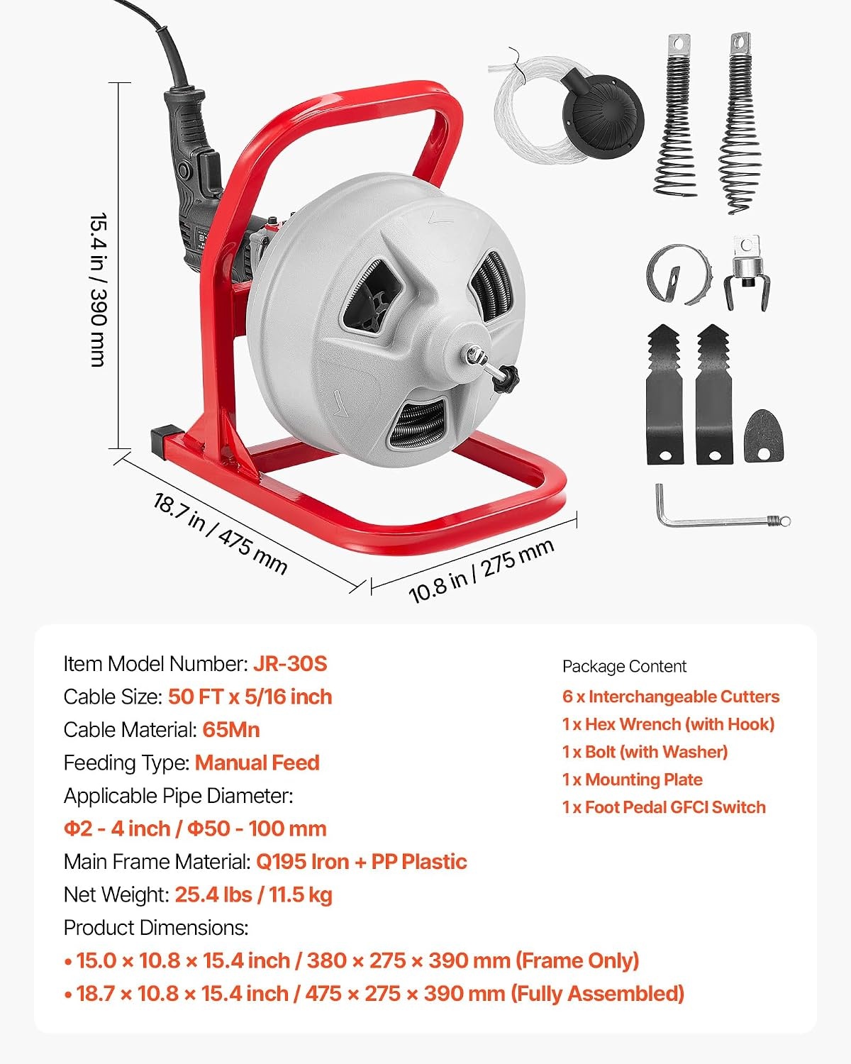 image:imageVEVOR Drain Cleaner Machine 75 FT x 38 Inch Sewer Snake Auger Manual Feed on Wheels Portable Drain Cleaning Machine with 6 Cutters amp Airactivated Foot Switch for 2 to 4 Pipes50 FT x 516