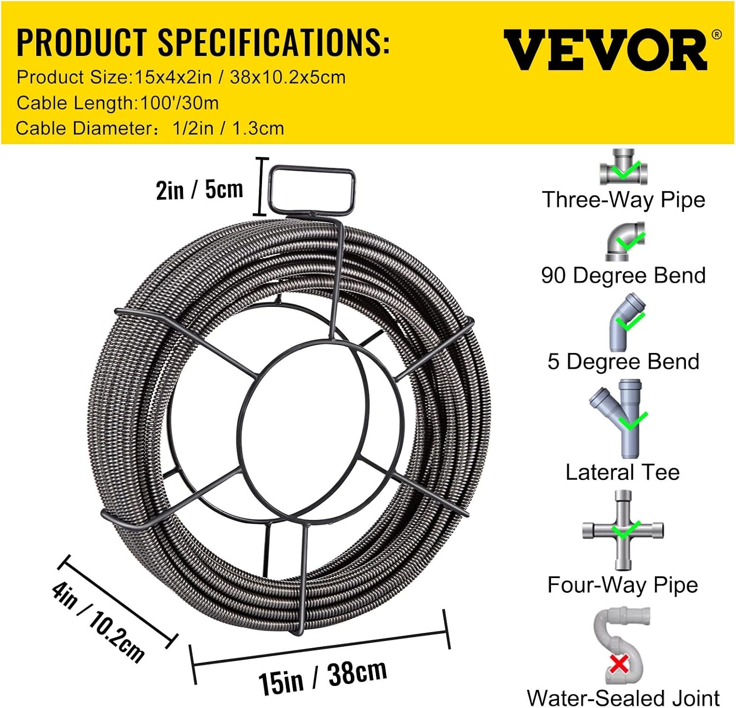 image:imageVEVOR Drain Cleaning Cable 75ft x 12 inch Solid Core Cable Sewer Cable Drain Auger Cable Cleaner Snake Clog Pipe Drain Cleaning Cable WFour Shapes of Cutters100Ft x 12Inch