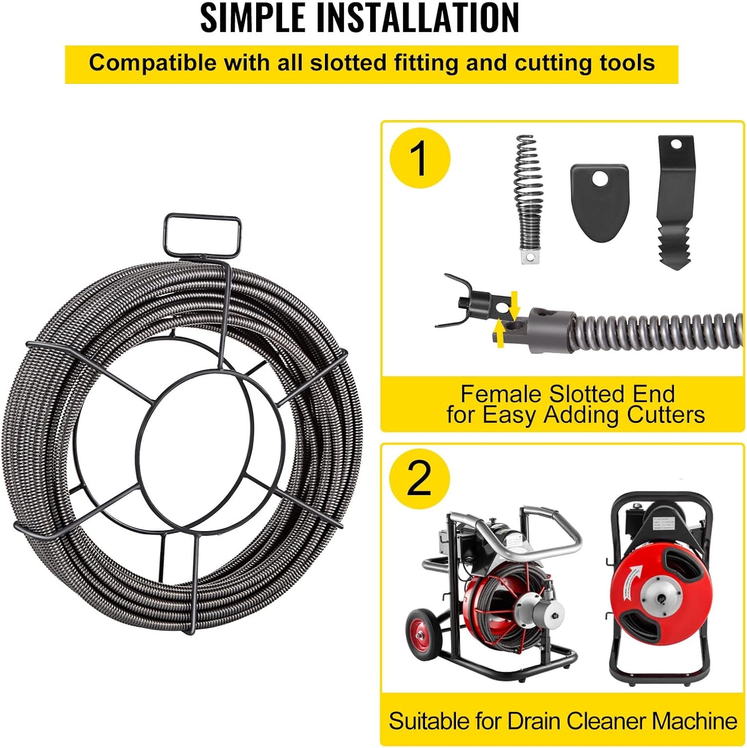 image:imageVEVOR Drain Cleaning Cable 75ft x 12 inch Solid Core Cable Sewer Cable Drain Auger Cable Cleaner Snake Clog Pipe Drain Cleaning Cable WFour Shapes of Cutters75Ft x 38Inch