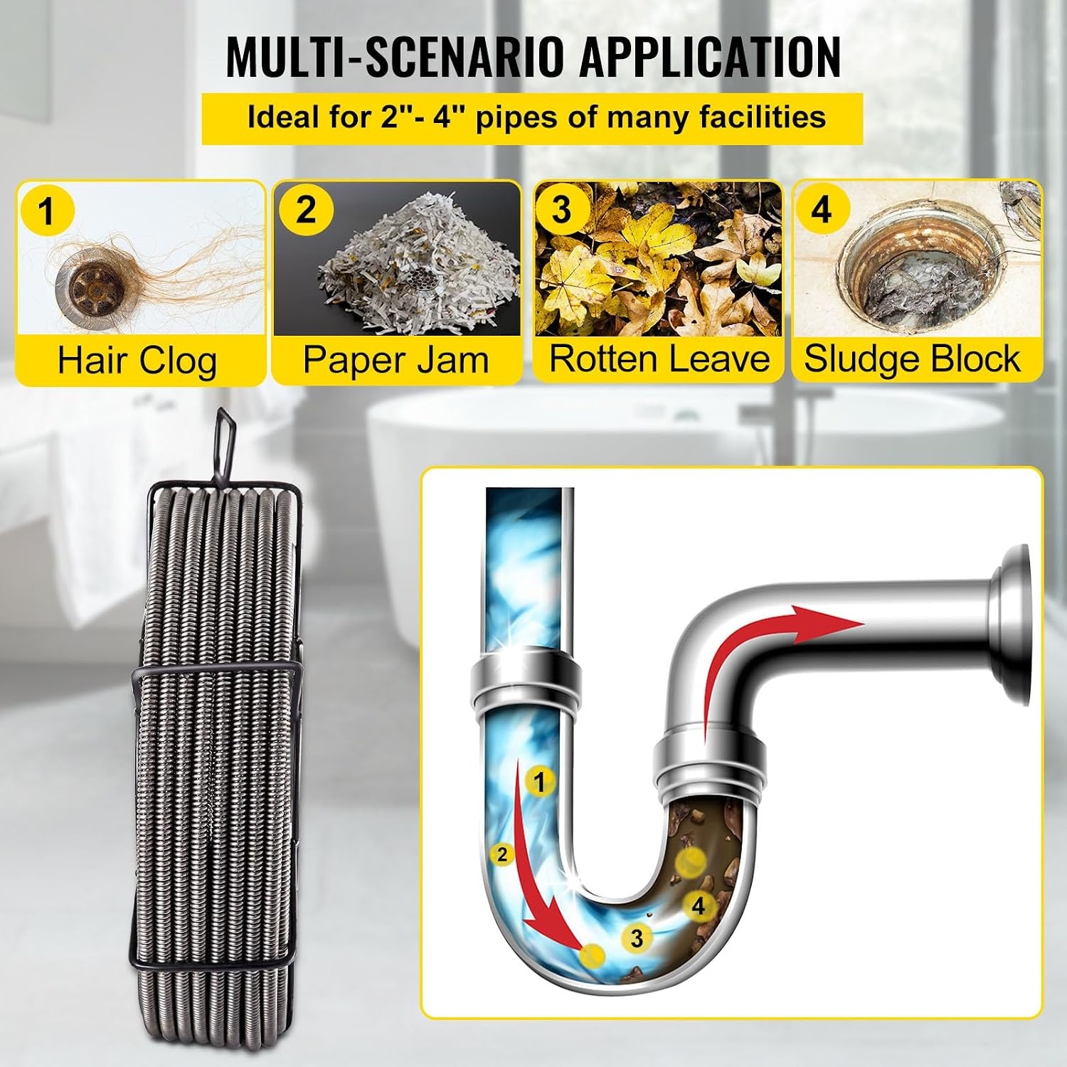 image:imageVEVOR Drain Cleaning Cable 75ft x 12 inch Solid Core Cable Sewer Cable Drain Auger Cable Cleaner Snake Clog Pipe Drain Cleaning Cable WFour Shapes of Cutters50Ft x 12Inch