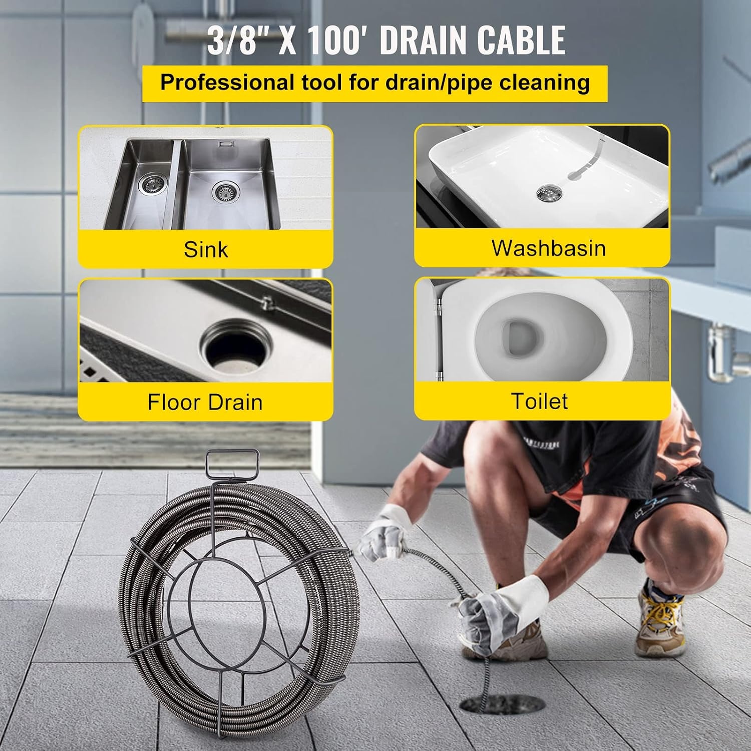 image:imageVEVOR Drain Cleaning Cable 75ft x 12 inch Solid Core Cable Sewer Cable Drain Auger Cable Cleaner Snake Clog Pipe Drain Cleaning Cable WFour Shapes of Cutters100Ft x 38Inch