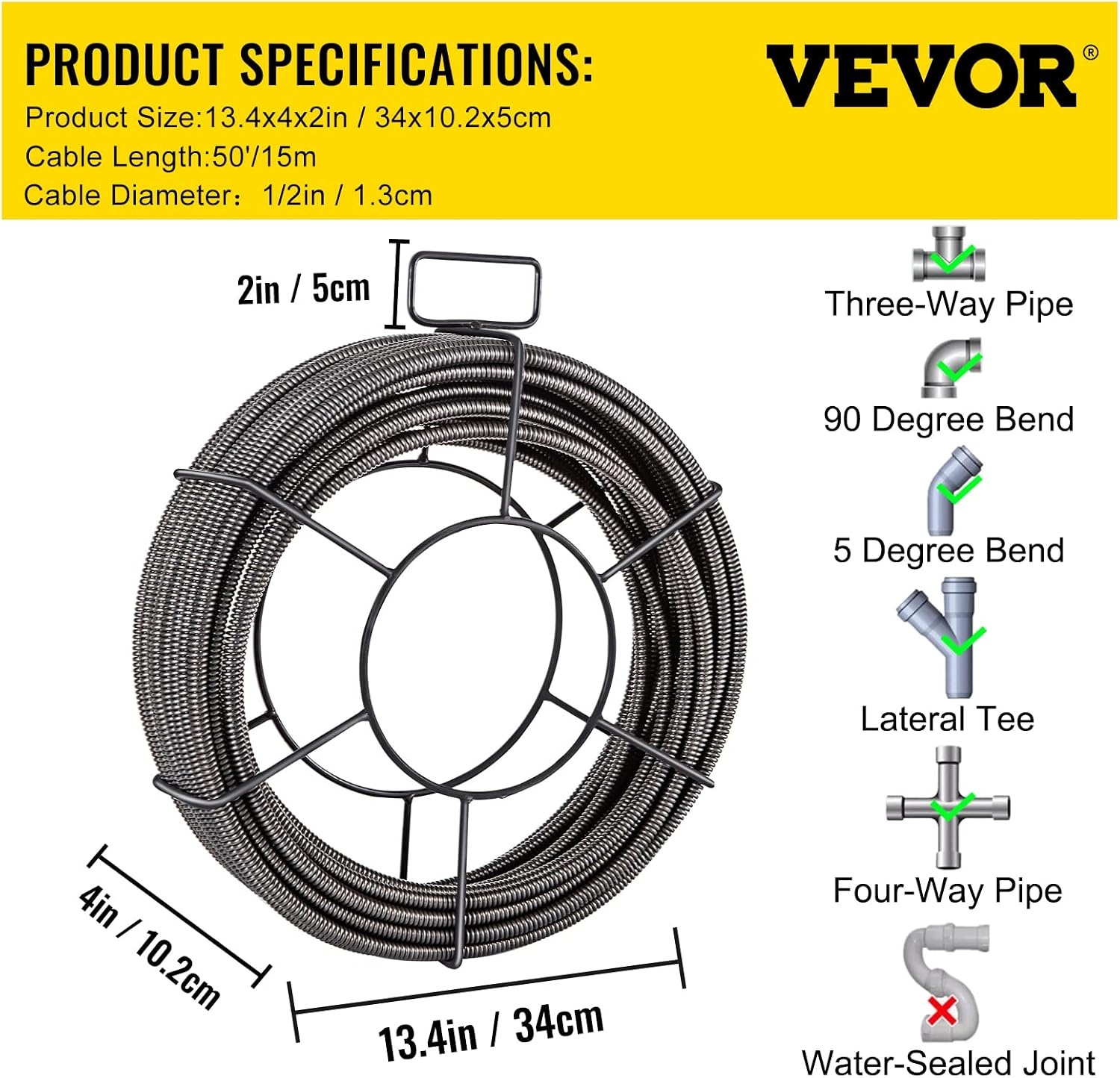 image:imageVEVOR Drain Cleaning Cable 75ft x 12 inch Solid Core Cable Sewer Cable Drain Auger Cable Cleaner Snake Clog Pipe Drain Cleaning Cable WFour Shapes of Cutters50Ft x 12Inch