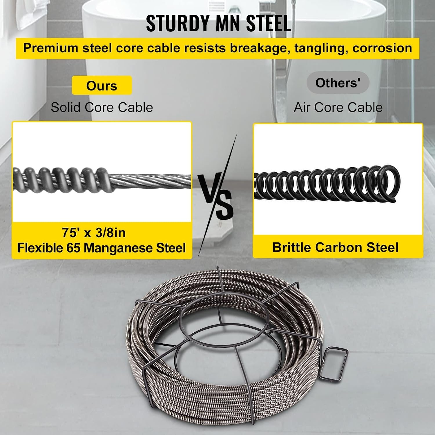 image:imageVEVOR Drain Cleaning Cable 75ft x 12 inch Solid Core Cable Sewer Cable Drain Auger Cable Cleaner Snake Clog Pipe Drain Cleaning Cable WFour Shapes of Cutters75Ft x 38Inch