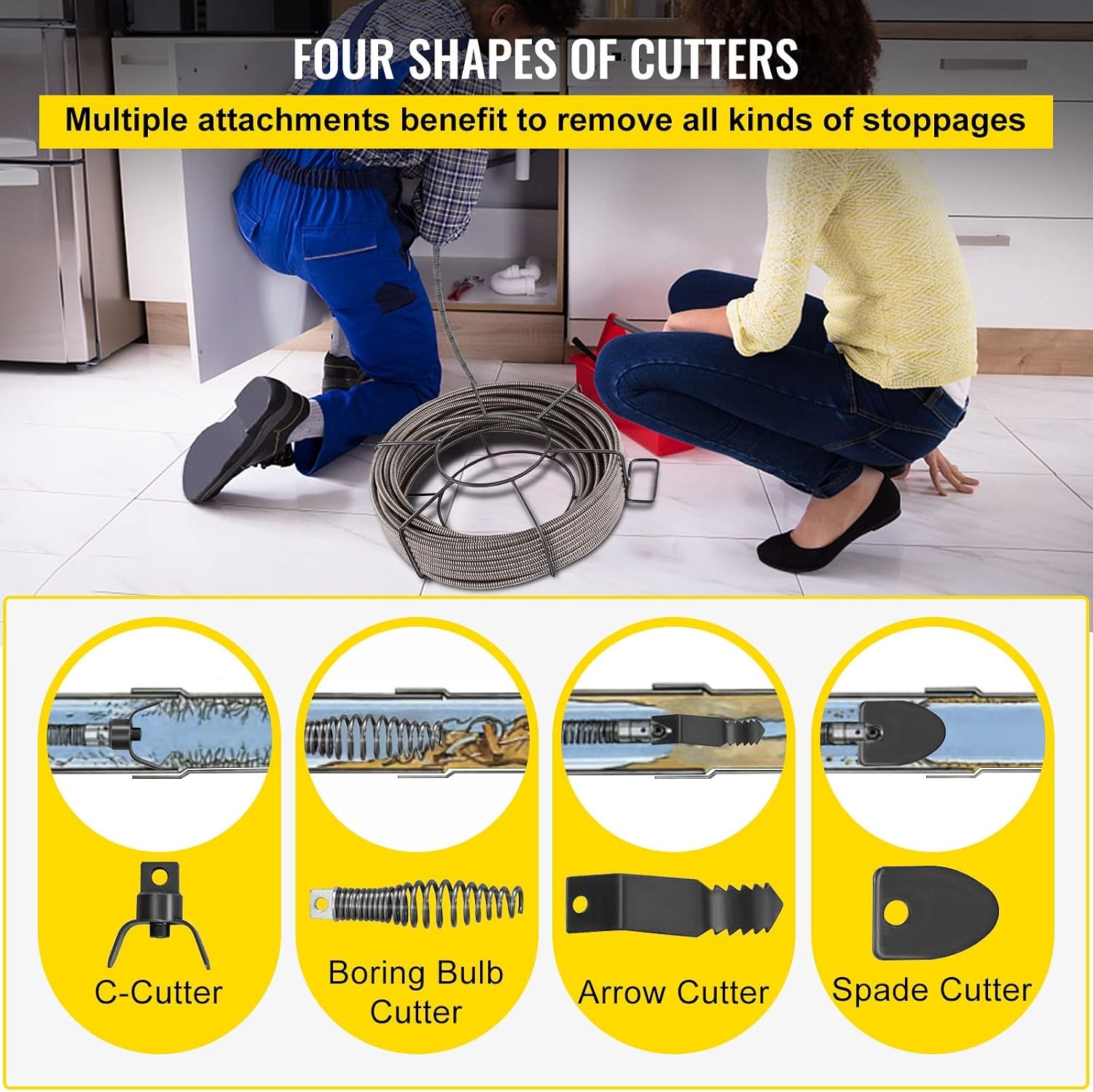 image:imageVEVOR Drain Cleaning Cable 75ft x 12 inch Solid Core Cable Sewer Cable Drain Auger Cable Cleaner Snake Clog Pipe Drain Cleaning Cable WFour Shapes of Cutters100Ft x 38Inch