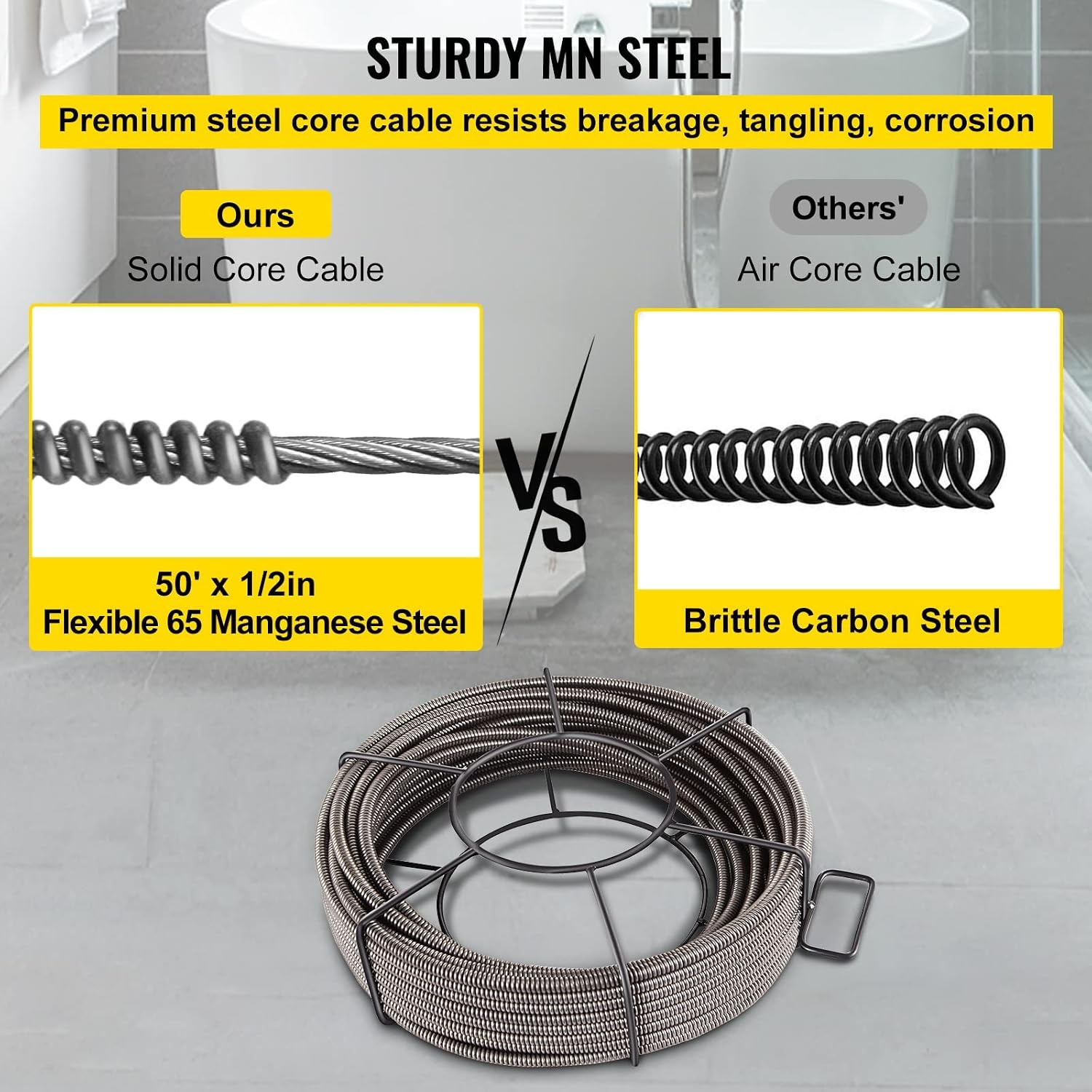 image:imageVEVOR Drain Cleaning Cable 75ft x 12 inch Solid Core Cable Sewer Cable Drain Auger Cable Cleaner Snake Clog Pipe Drain Cleaning Cable WFour Shapes of Cutters50Ft x 12Inch