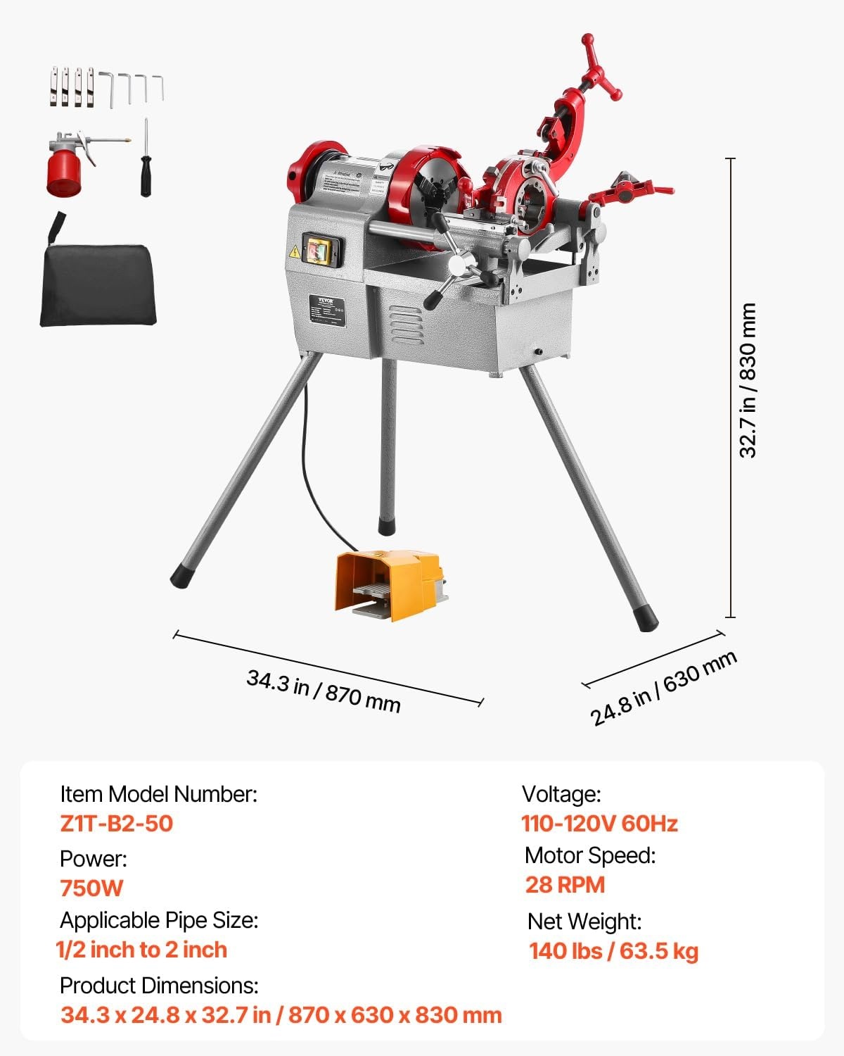 image:imageVEVOR Electric Pipe Threader Machine 750W 28RPM Threading Cutting Machine 12 to 2 inch Pipes Threading Cutter Tool with Foot Pedal for Plumbing Automotive Repairs Metalworking