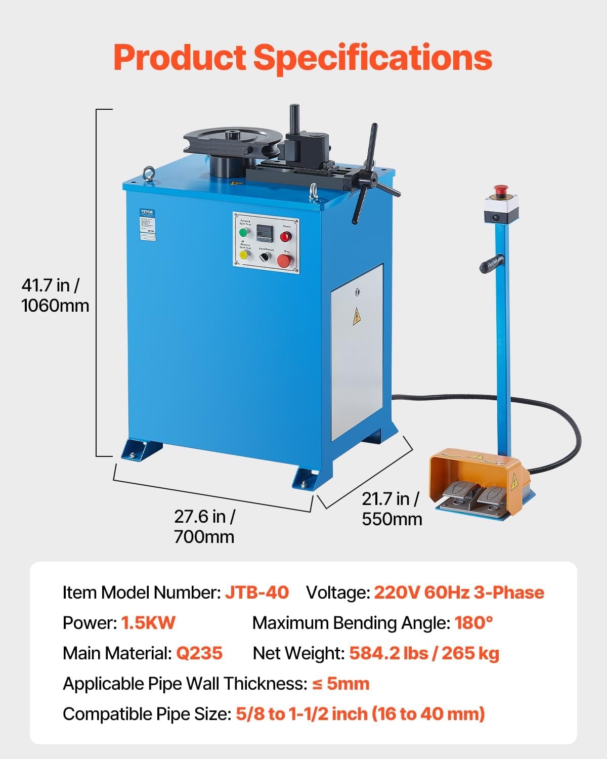 image:imageVEVOR Electric Tube Bending Machine 15 KW Electric Tube Bender for 58 to 112 inch Pipes Pipe Bender Machine with 5 Set Dies Manual amp Auto Modes and 180 Max Bending Angle 220V 60Hz 3Phase