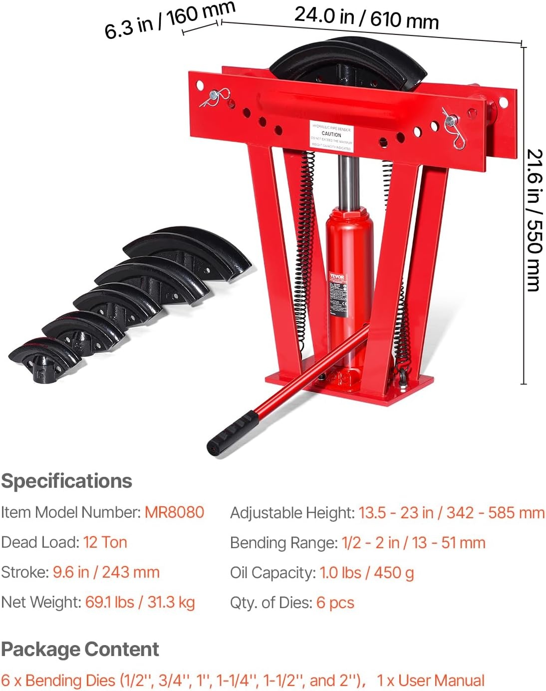 image:imageVEVOR Hydraulic Pipe Bender 12 Ton Manual Copper Exhaust Pipe Bending Machine with 6 Dies 12 2 and 90180 Adjustable Rollers HeavyDuty Pipe Tube Bender for Piping Railing Construction