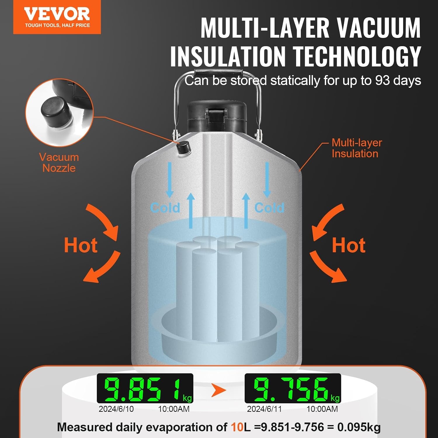 image:imageVEVOR Liquid Nitrogen Tank 30 L Aluminum Alloy Liquid Nitrogen Container LN2 Tank Dewar with 6 Canisters and Carry Bag with Straps Cryogenic Tank for Beauty Industry Semen Preservation Scientific10LA
