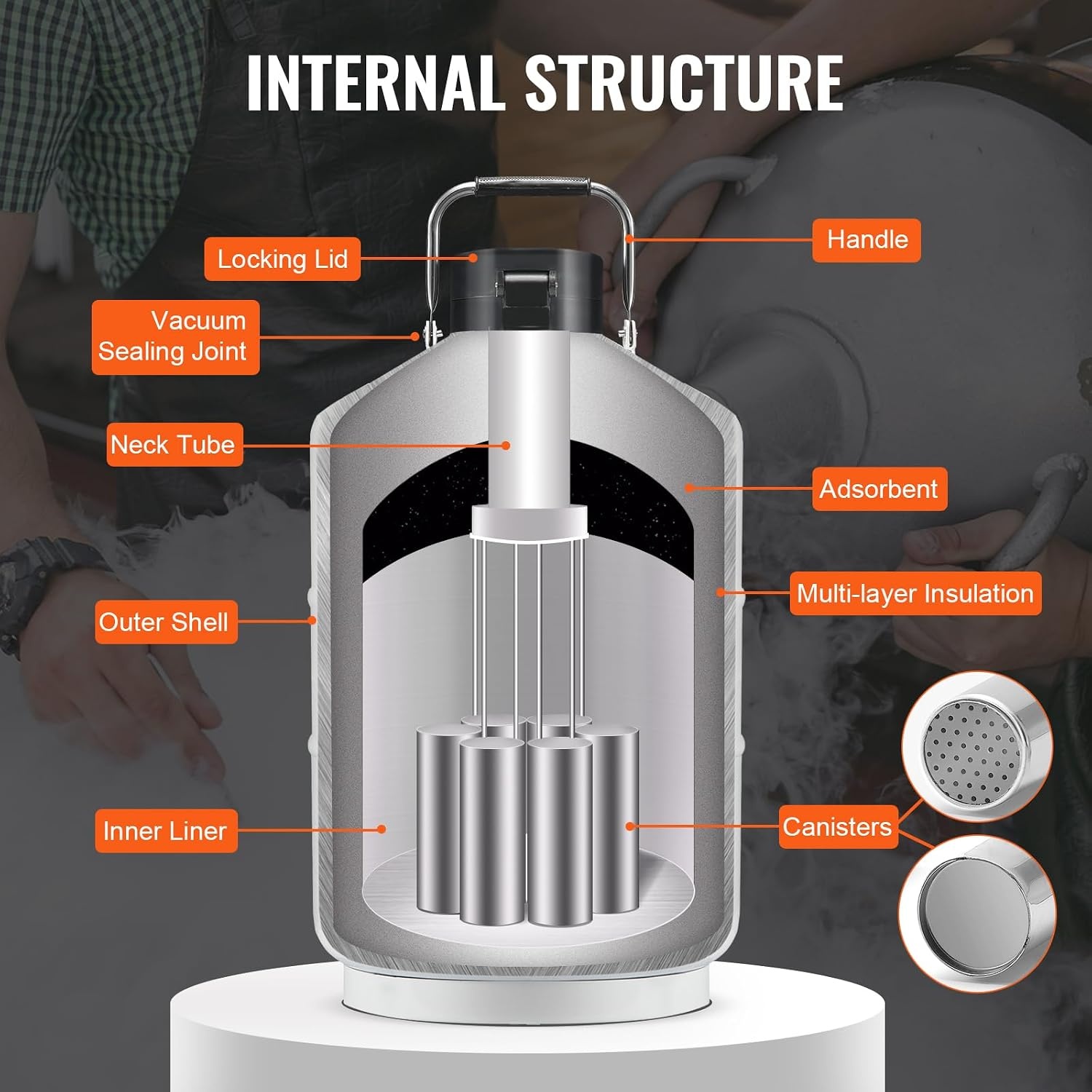 image:imageVEVOR Liquid Nitrogen Tank 30 L Aluminum Alloy Liquid Nitrogen Container LN2 Tank Dewar with 6 Canisters and Carry Bag with Straps Cryogenic Tank for Beauty Industry Semen Preservation Scientific10LA