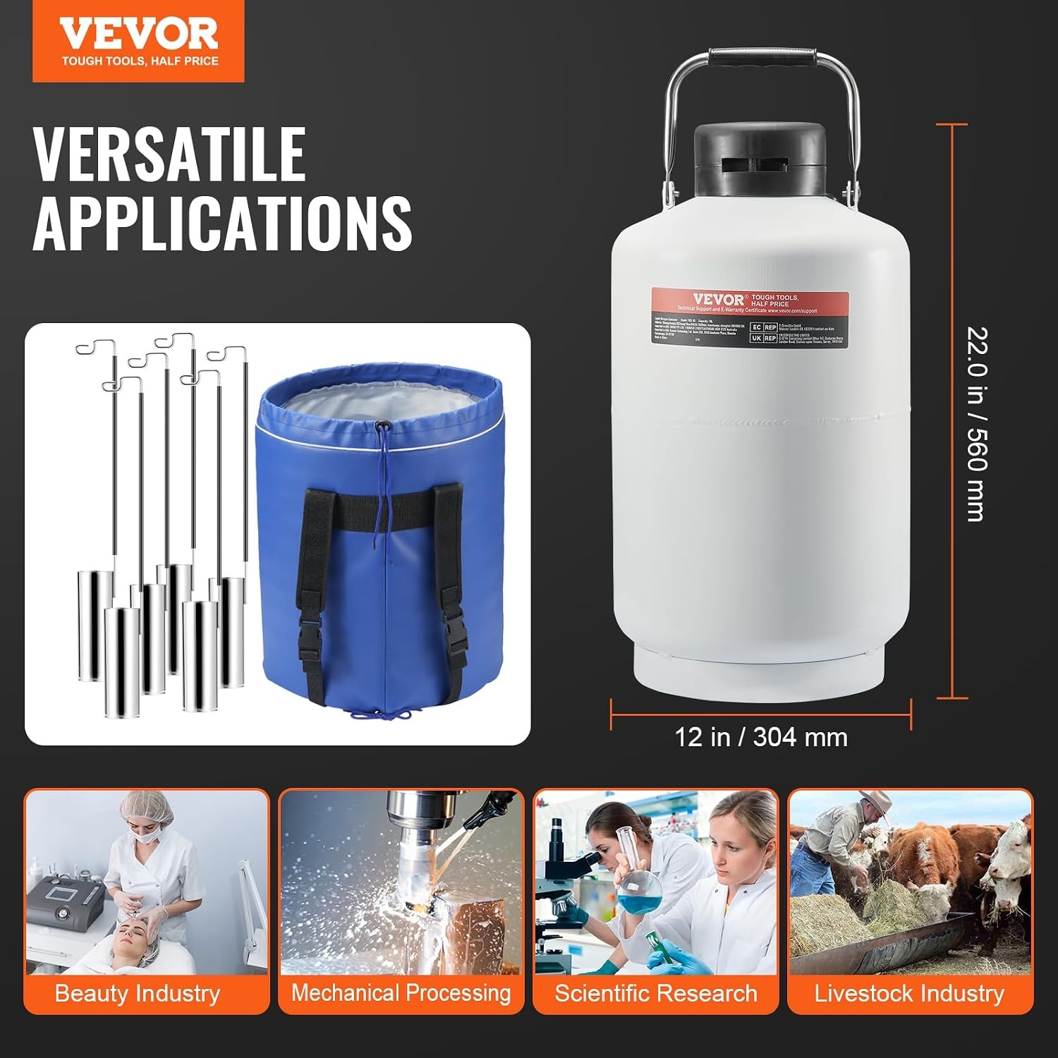 image:imageVEVOR Liquid Nitrogen Tank 30 L Aluminum Alloy Liquid Nitrogen Container LN2 Tank Dewar with 6 Canisters and Carry Bag with Straps Cryogenic Tank for Beauty Industry Semen Preservation Scientific10LA