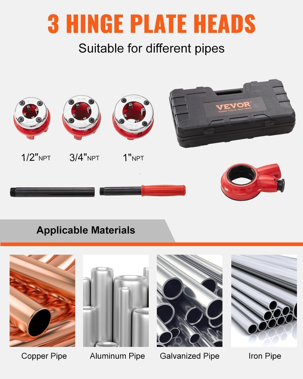 image:imageVEVOR Ratchet Pipe Threader Kit with 3 Dies 12 NPT 34 NPT 1 NPT Ratcheting Pipe Threading Tool Portable Pipe Threader Set with Storage Case for Plumbing Installation and Repair12 1