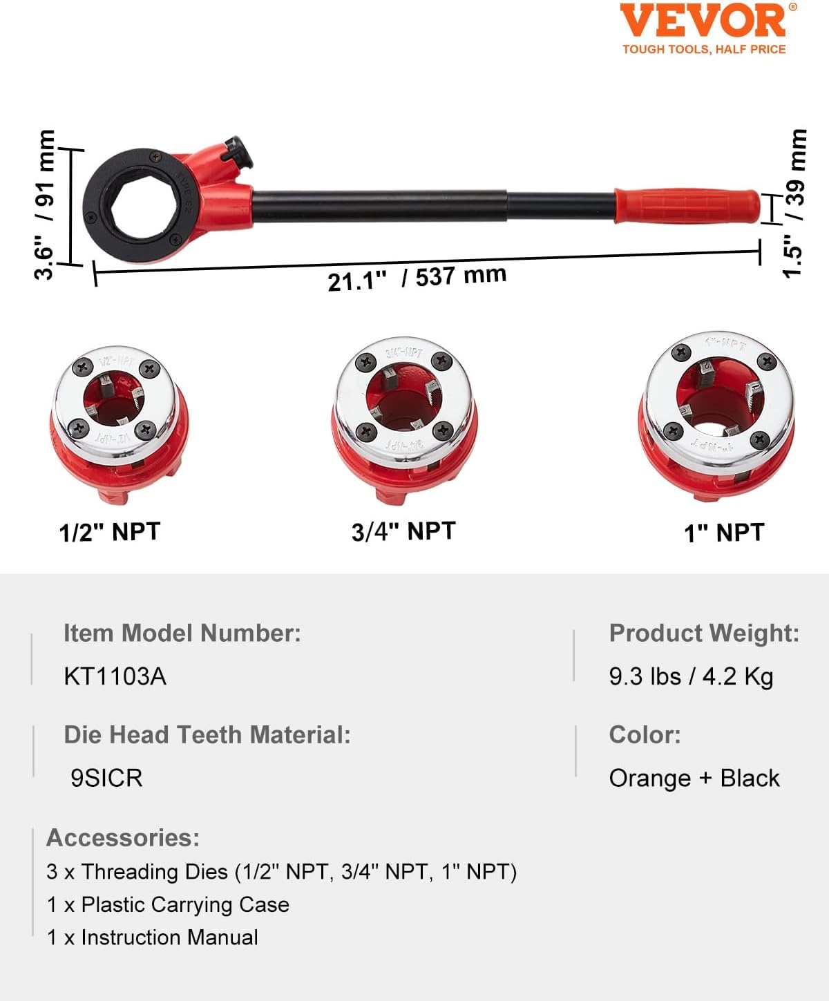 image:imageVEVOR Ratchet Pipe Threader Kit with 3 Dies 12 NPT 34 NPT 1 NPT Ratcheting Pipe Threading Tool Portable Pipe Threader Set with Storage Case for Plumbing Installation and Repair12 1