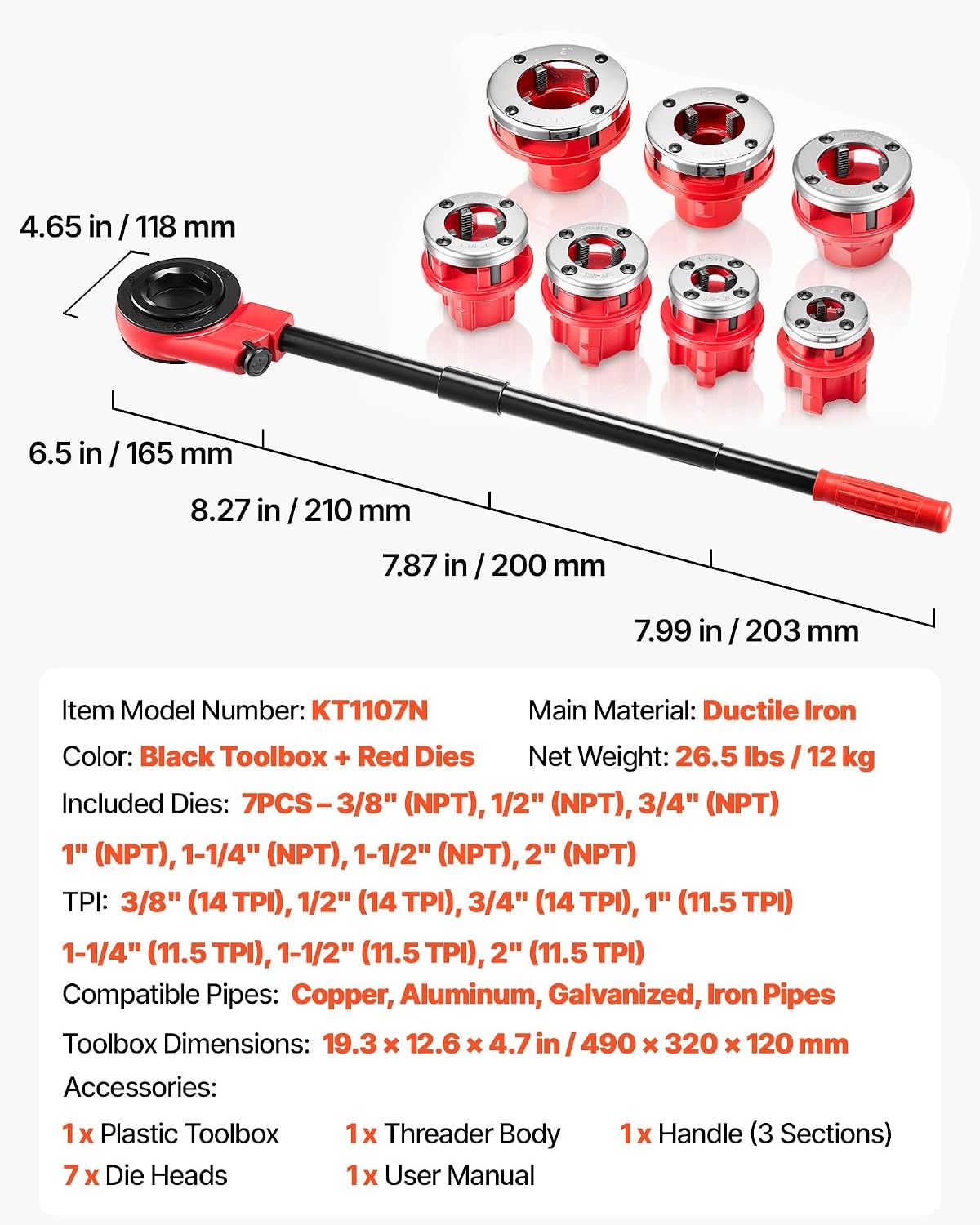image:imageVEVOR Ratchet Pipe Threader Kit with 3 Dies 12 NPT 34 NPT 1 NPT Ratcheting Pipe Threading Tool Portable Pipe Threader Set with Storage Case for Plumbing Installation and Repair38 2