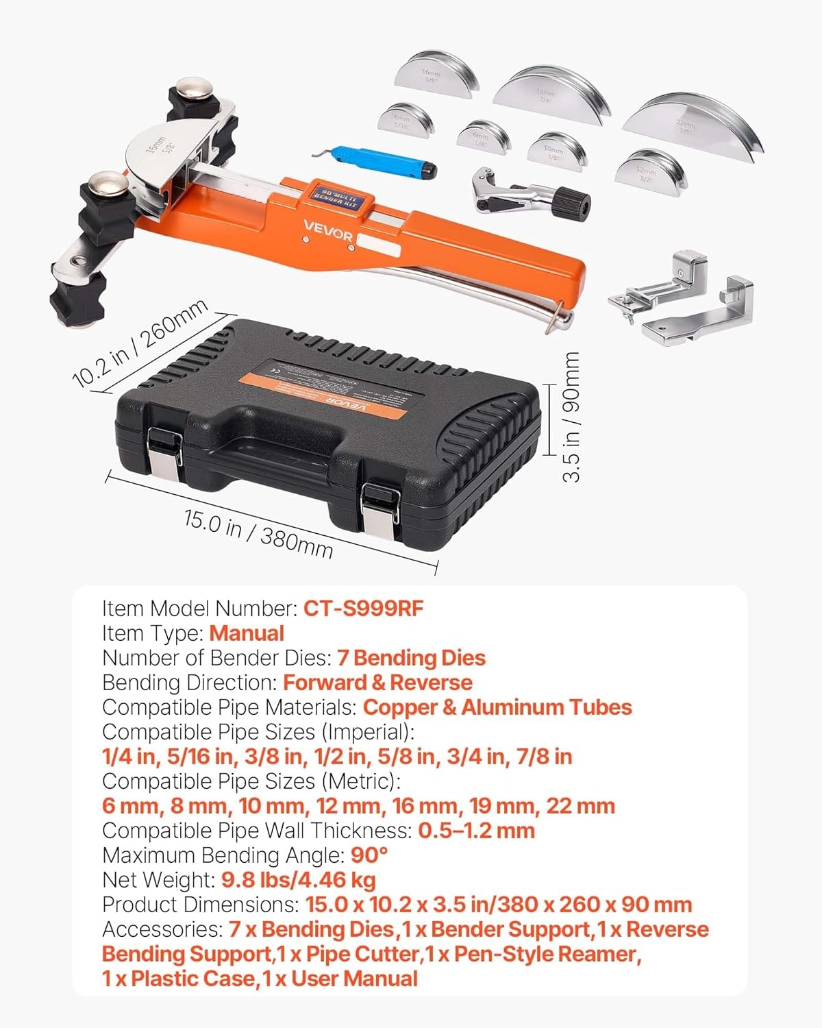 image:imageVEVOR Tubing Bender Kit 14 to 78 Inch Compact Ratcheting Tube Pipe Bender ForwardReverse Hand Bending Tool with 7 Aluminium Alloy Dies for Copper HVAC Air Conditioning Refrigeration RepairSilver