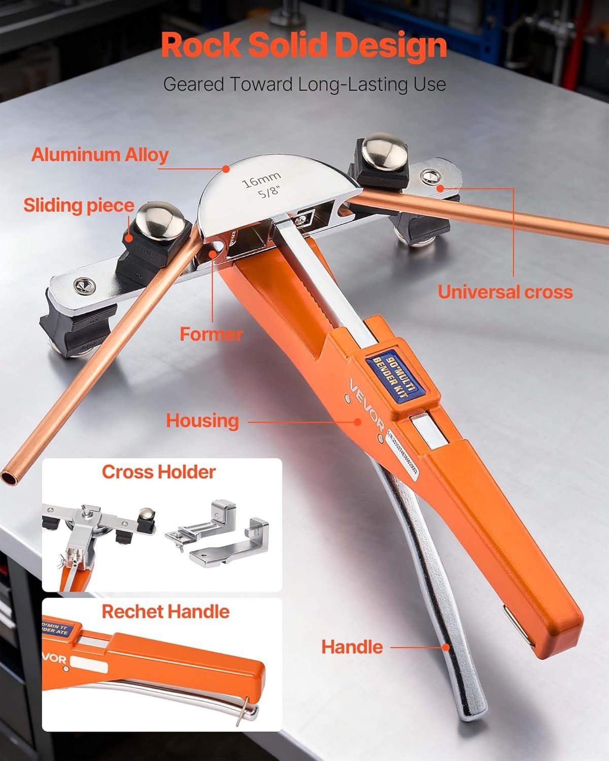 image:imageVEVOR Tubing Bender Kit 14 to 78 Inch Compact Ratcheting Tube Pipe Bender ForwardReverse Hand Bending Tool with 7 Aluminium Alloy Dies for Copper HVAC Air Conditioning Refrigeration RepairSilver