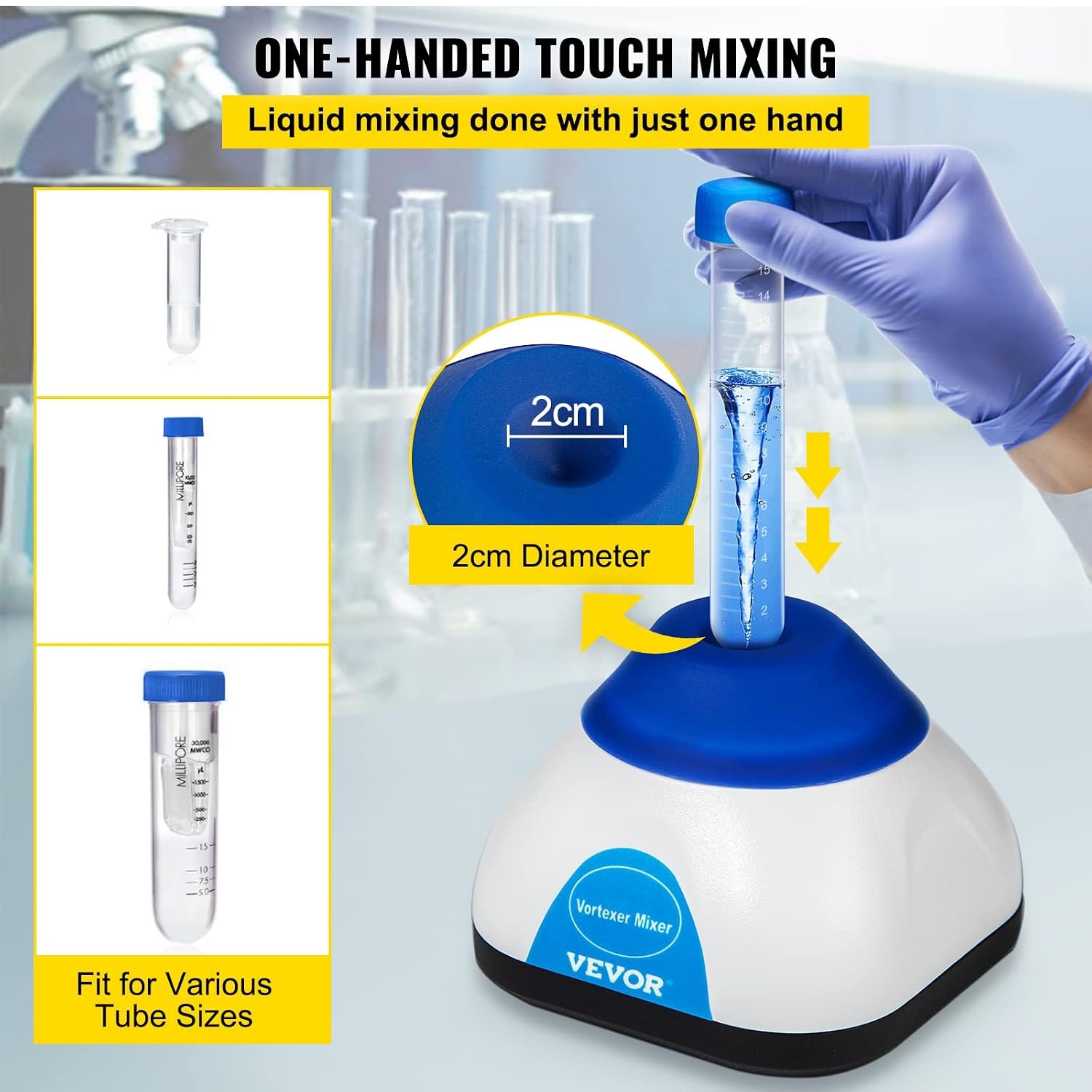 image:imageVEVOR Vortex Mixer 3000RPM Mini Vortex Mixer Shaker Touch Function Scientific Lab Vortex Shaker Mix Up to 50ML 6mm Orbital Diameter for Test Tube Nail Polish Eyelash Adhesives PaintBlue