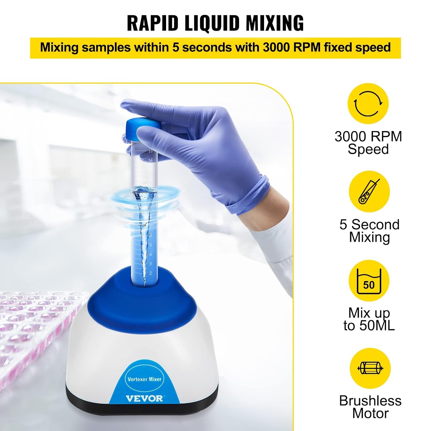image:imageVEVOR Vortex Mixer 3000RPM Mini Vortex Mixer Shaker Touch Function Scientific Lab Vortex Shaker Mix Up to 50ML 6mm Orbital Diameter for Test Tube Nail Polish Eyelash Adhesives PaintBlue