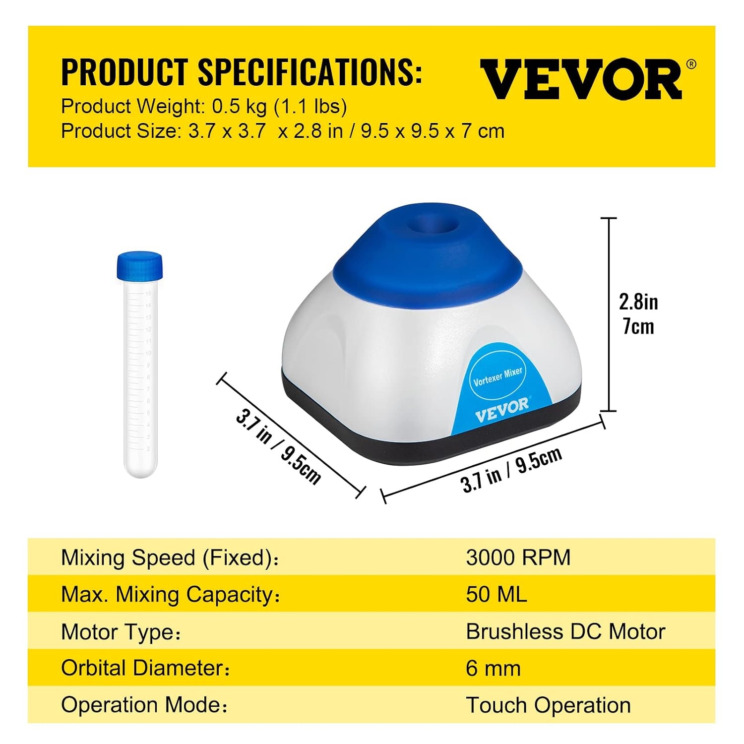 image:imageVEVOR Vortex Mixer 3000RPM Mini Vortex Mixer Shaker Touch Function Scientific Lab Vortex Shaker Mix Up to 50ML 6mm Orbital Diameter for Test Tube Nail Polish Eyelash Adhesives PaintBlue