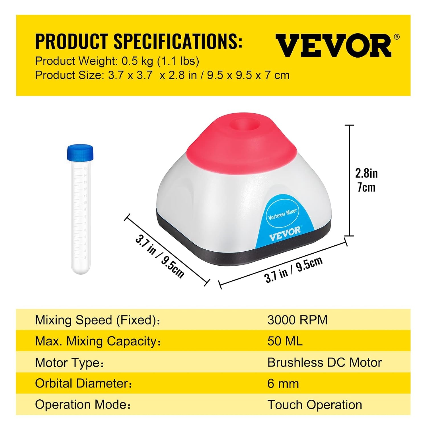 image:imageVEVOR Vortex Mixer 3000RPM Mini Vortex Mixer Shaker Touch Function Scientific Lab Vortex Shaker Mix Up to 50ML 6mm Orbital Diameter for Test Tube Nail Polish Eyelash Adhesives PaintPink