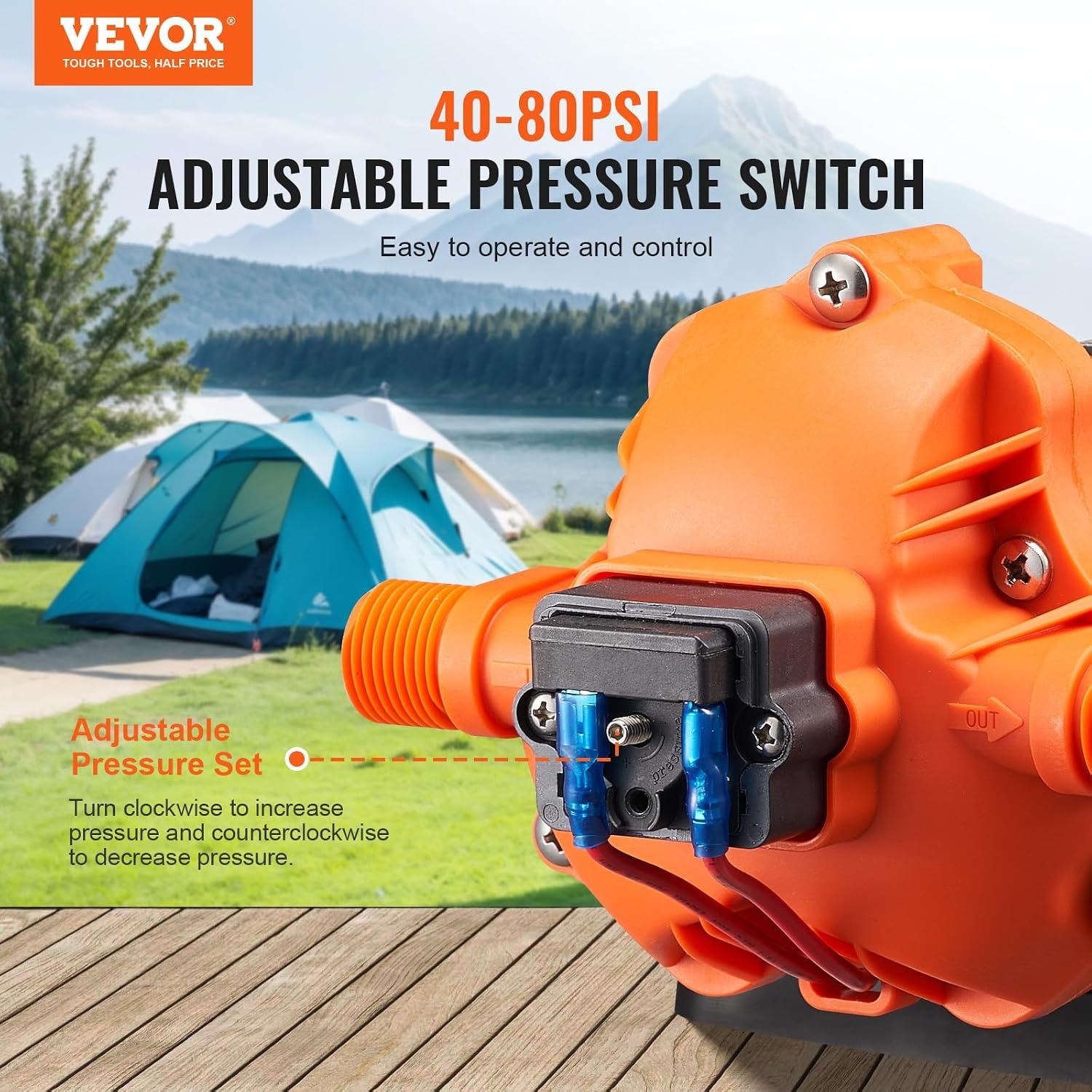 image:imageVEVOR Water Diaphragm Pump 12V DC 55 GPM Flow 70 PSI Rated Pressure 40100 PSI Adjustable 12 MNPT Self Priming Sprayer Pump with Pressure Switch for RV Camper Marine Boat Lawn FCC Certified12V 35GPM 50PSIAdjustable