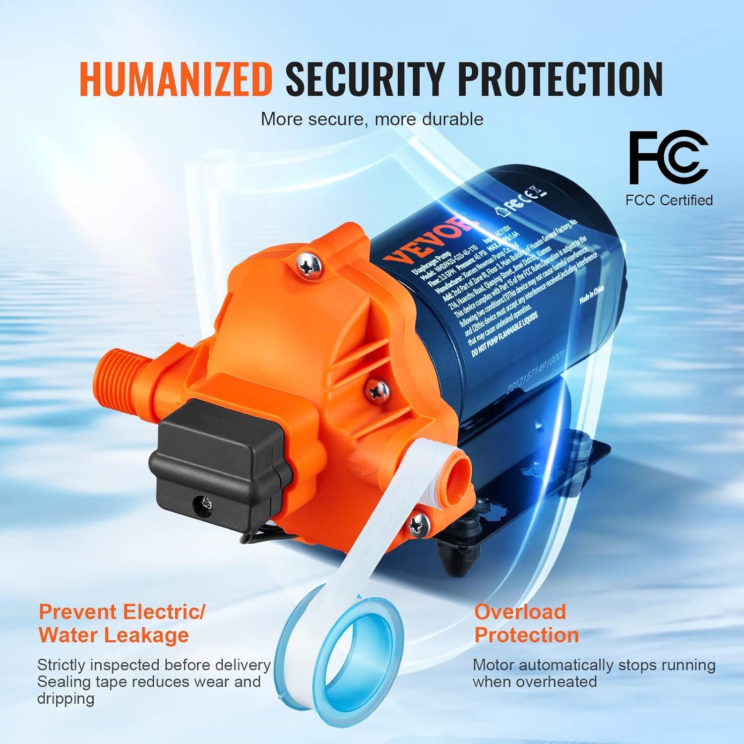 image:imageVEVOR Water Diaphragm Pump 12V DC 55 GPM Flow 70 PSI Rated Pressure 40100 PSI Adjustable 12 MNPT Self Priming Sprayer Pump with Pressure Switch for RV Camper Marine Boat Lawn FCC Certified110V 33GPM 45PSI