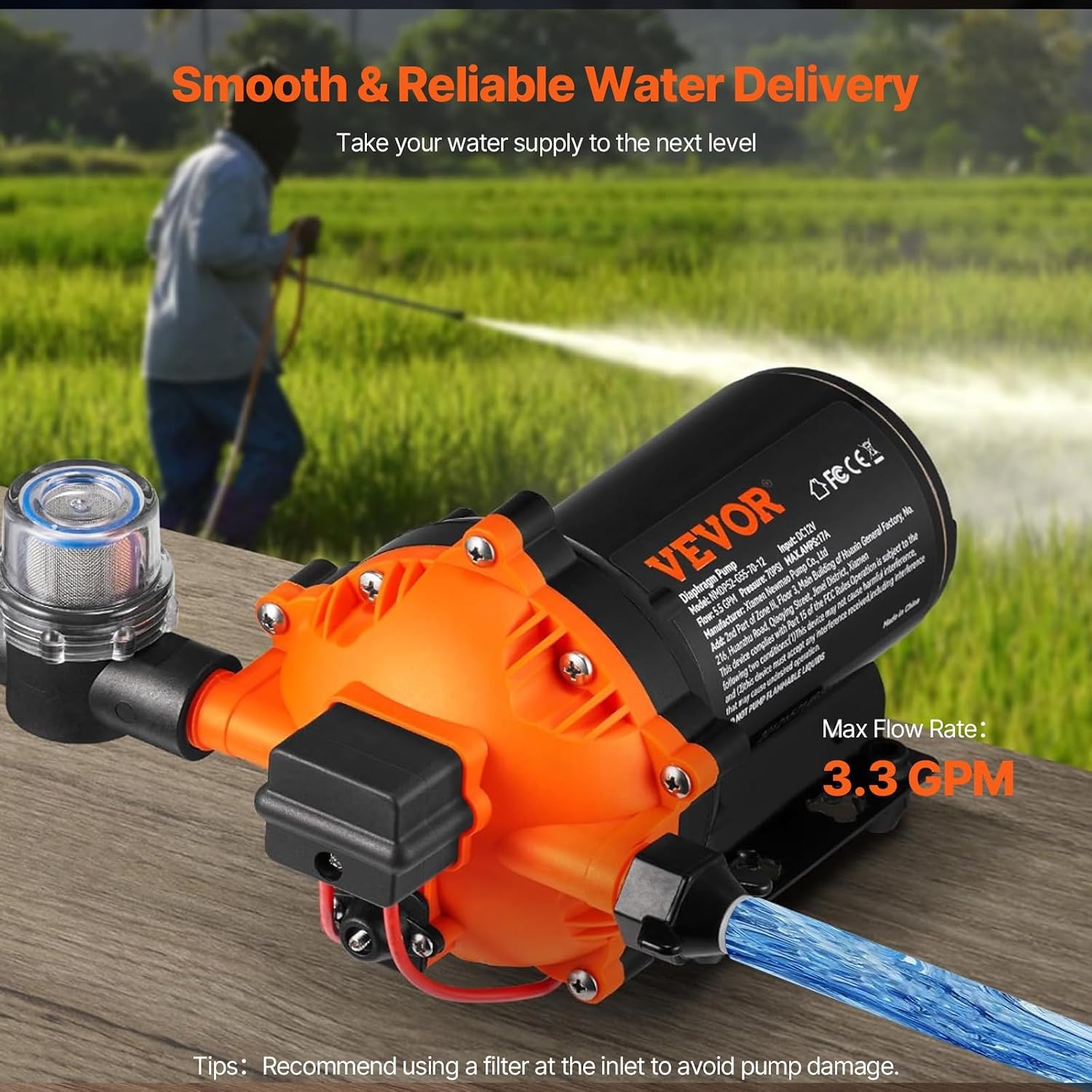 image:imageVEVOR Water Diaphragm Pump 12V DC 55 GPM Flow 70 PSI Rated Pressure 40100 PSI Adjustable 12 MNPT Self Priming Sprayer Pump with Pressure Switch for RV Camper Marine Boat Lawn FCC Certified110V 33GPM 45PSI
