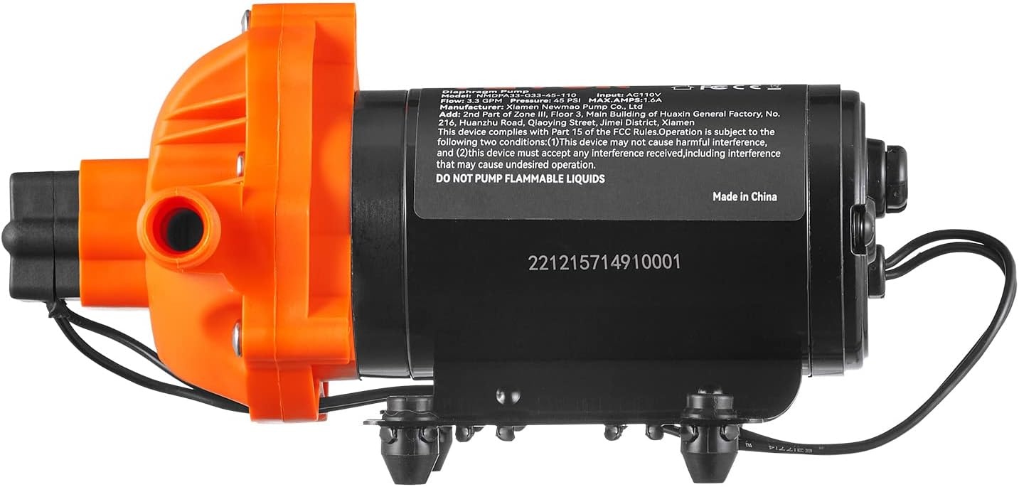 image:imageVEVOR Water Diaphragm Pump 12V DC 55 GPM Flow 70 PSI Rated Pressure 40100 PSI Adjustable 12 MNPT Self Priming Sprayer Pump with Pressure Switch for RV Camper Marine Boat Lawn FCC Certified110V 33GPM 45PSI