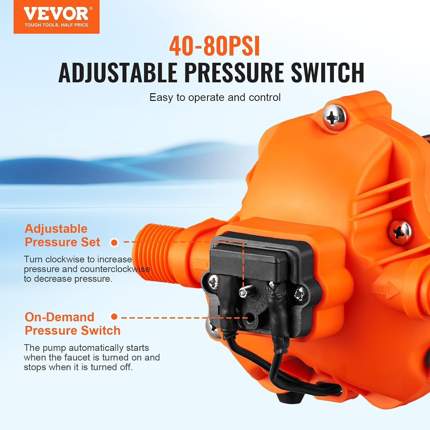 image:imageVEVOR Water Diaphragm Pump 12V DC 55 GPM Flow 70 PSI Rated Pressure 40100 PSI Adjustable 12 MNPT Self Priming Sprayer Pump with Pressure Switch for RV Camper Marine Boat Lawn FCC Certified110V 33GPM 45PSI