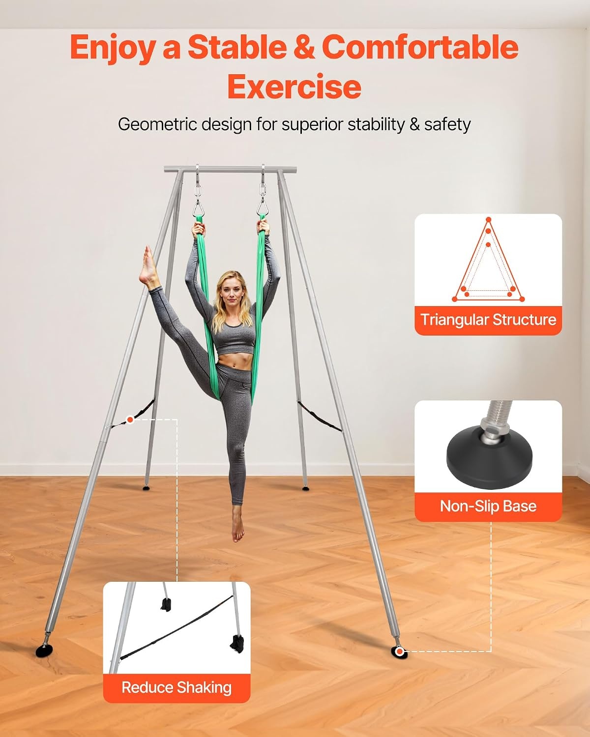 image:imageVEVOR Yoga Stand Frame 96 ft Aerial Silk Swing Stand Max 5512 lbs Load Capacity Triangular Structure with NonSlip Base amp EVA Foam 4Level Horizontal amp 6Level Vertical Adjustment Detachable Frame with 66Yard Yoga HammockSilverBlackSilverFrame