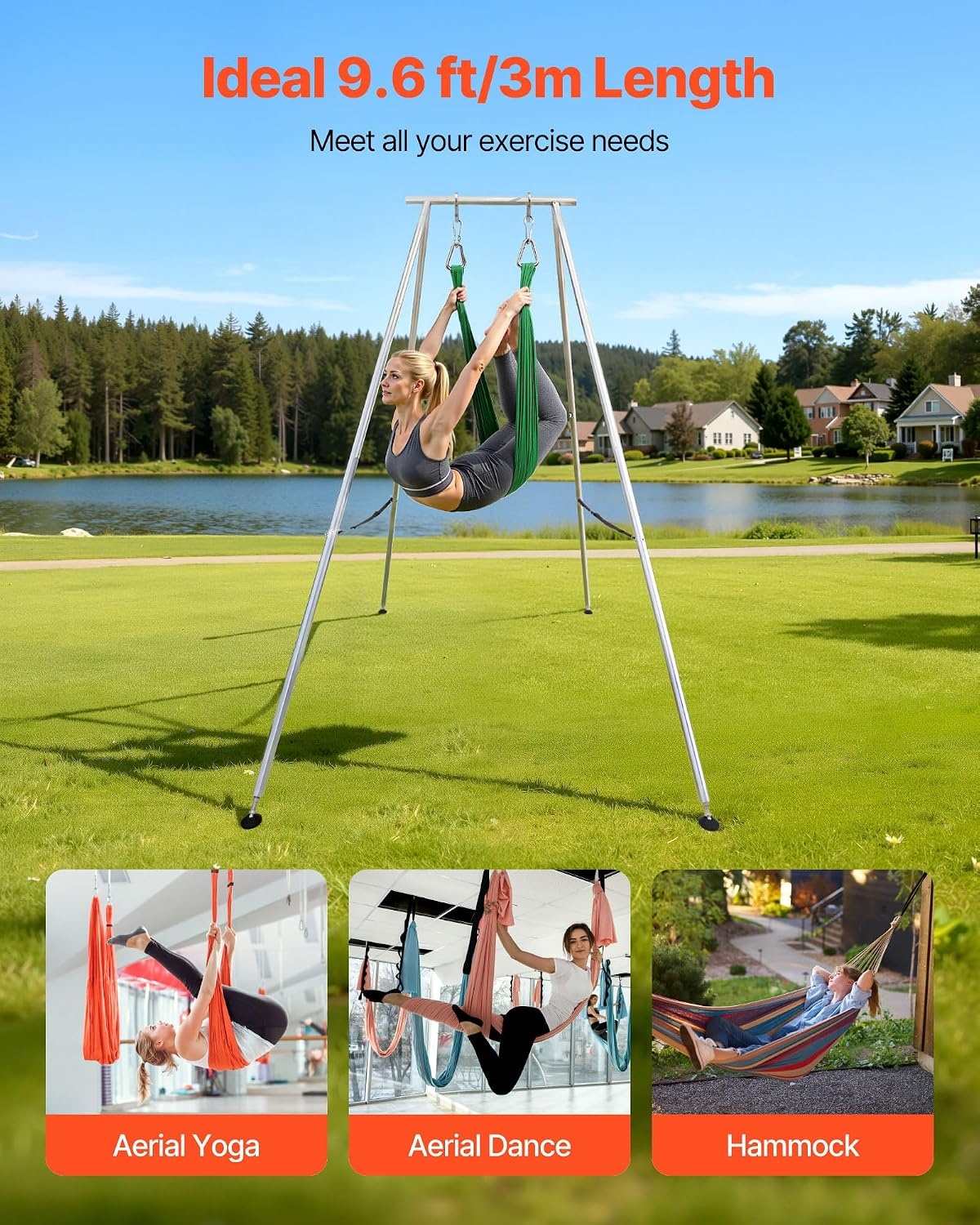 image:imageVEVOR Yoga Stand Frame 96 ft Aerial Silk Swing Stand Max 5512 lbs Load Capacity Triangular Structure with NonSlip Base amp EVA Foam 4Level Horizontal amp 6Level Vertical Adjustment Detachable Frame with 66Yard Yoga HammockSilverBlackSilverFrame